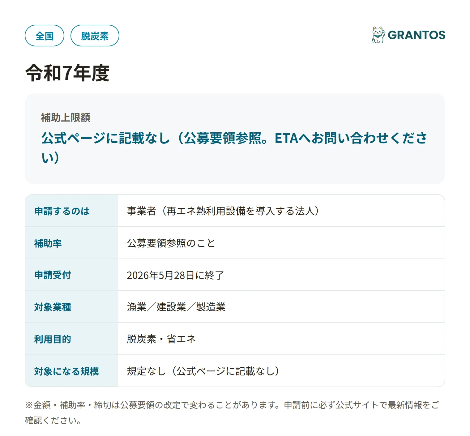 再エネ等熱利用設備導入事業（再エネ熱）の対象・金額・締切の概要