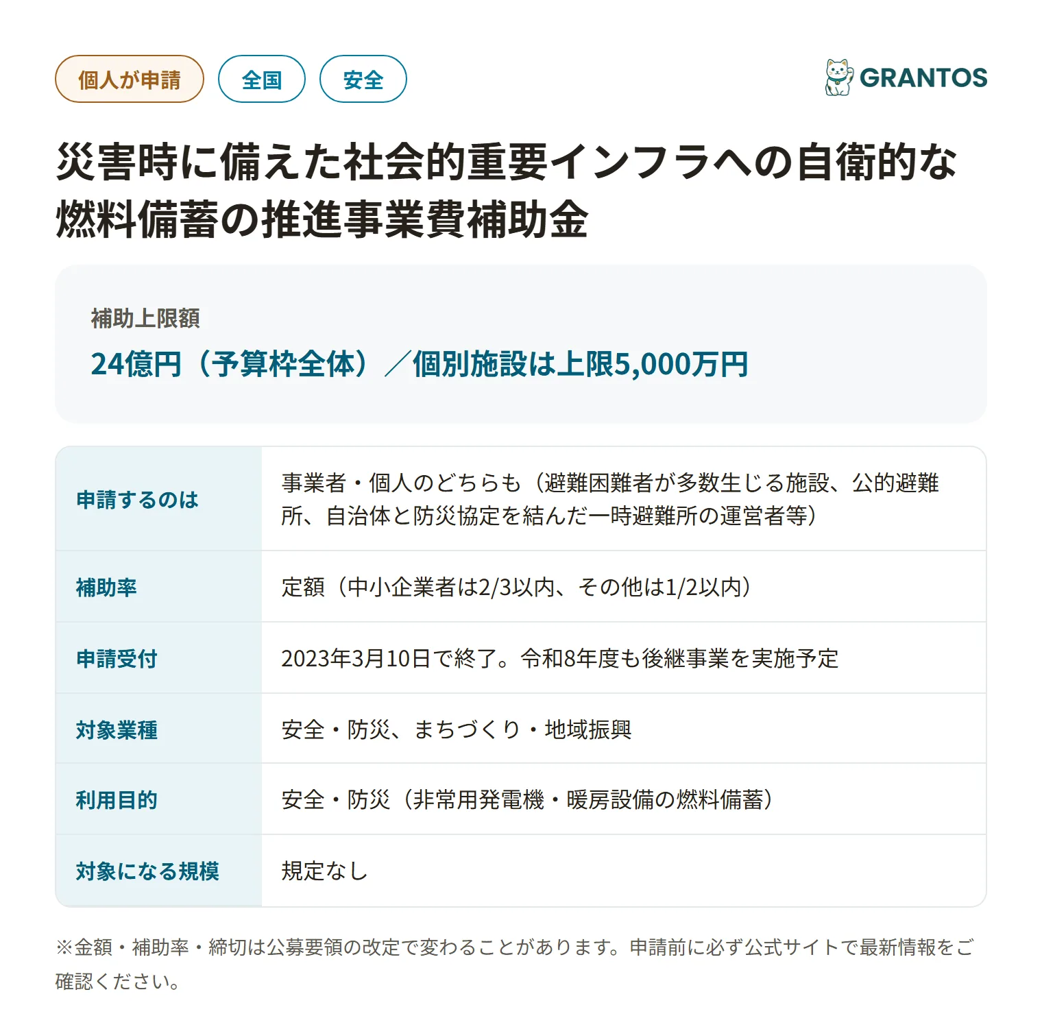災害時に備えた社会的重要インフラへの自衛的な燃料備蓄の推進事業費補助金（令和5年度・自治体防災拠点向け）の対象・金額・締切の概要