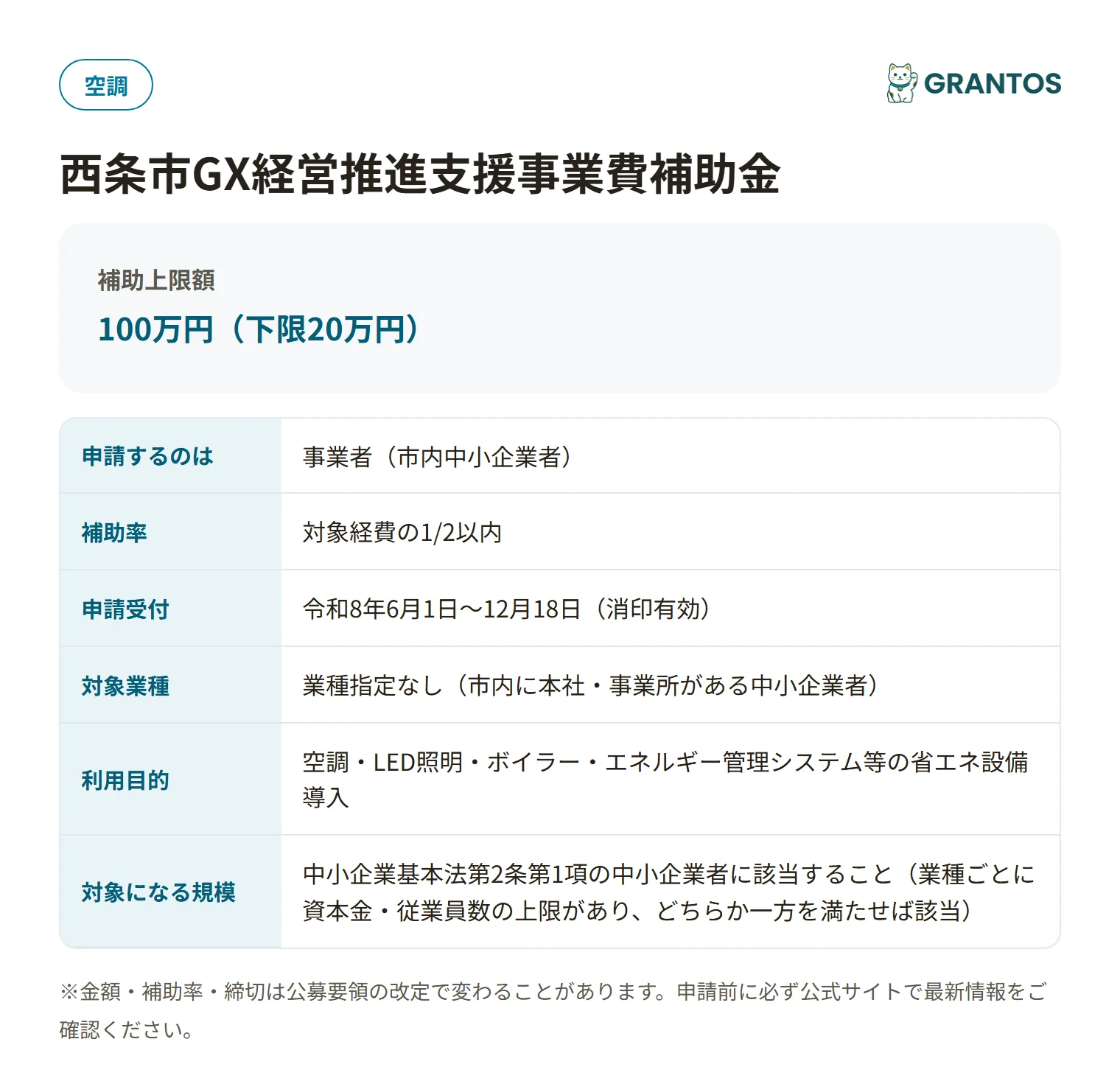 西条市GX経営推進支援事業費補助金の対象・金額・締切の概要