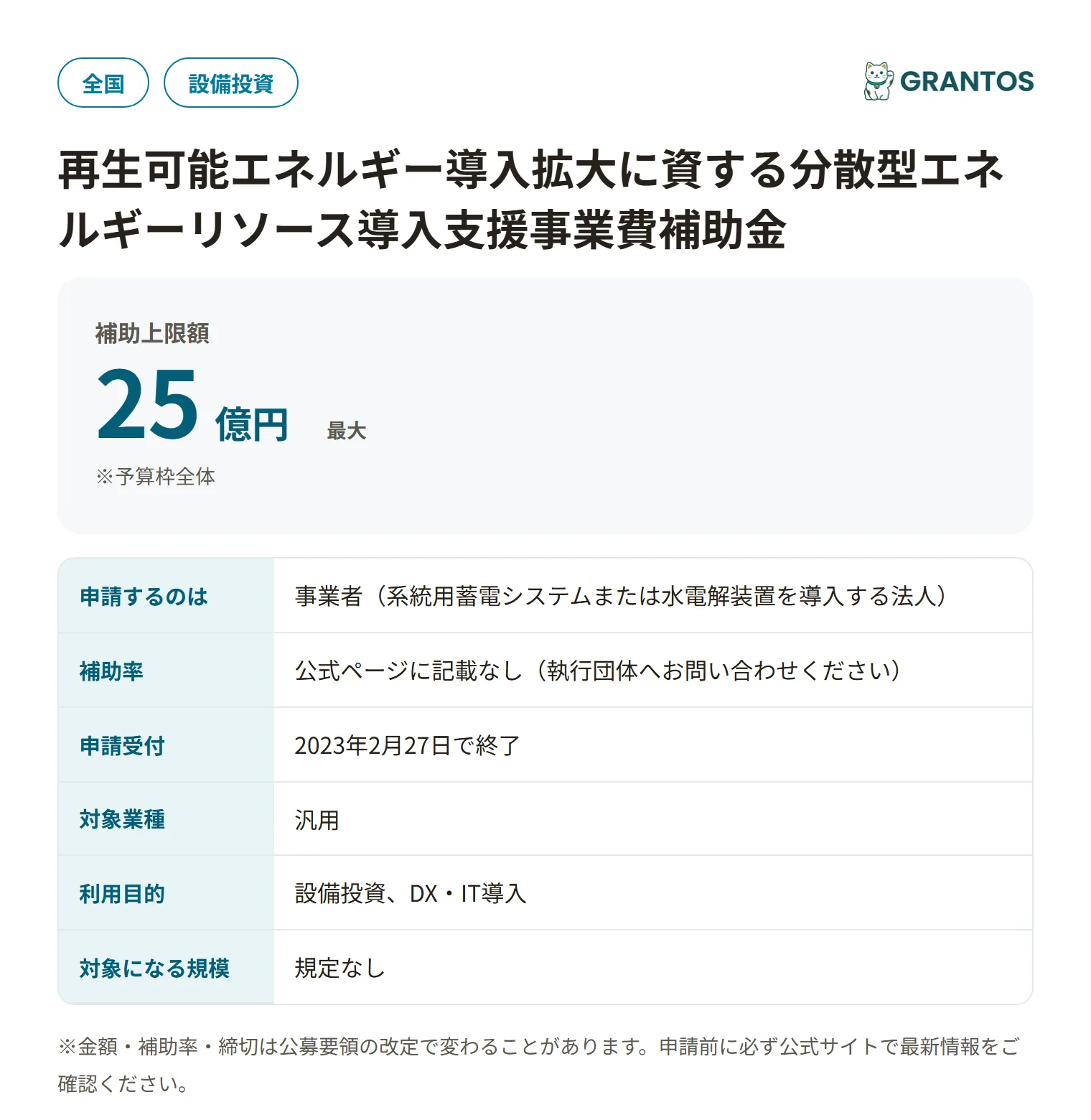 系統用蓄電システム・水電解装置導入支援事業費補助金（令和4年度補正）の対象・金額・締切の概要