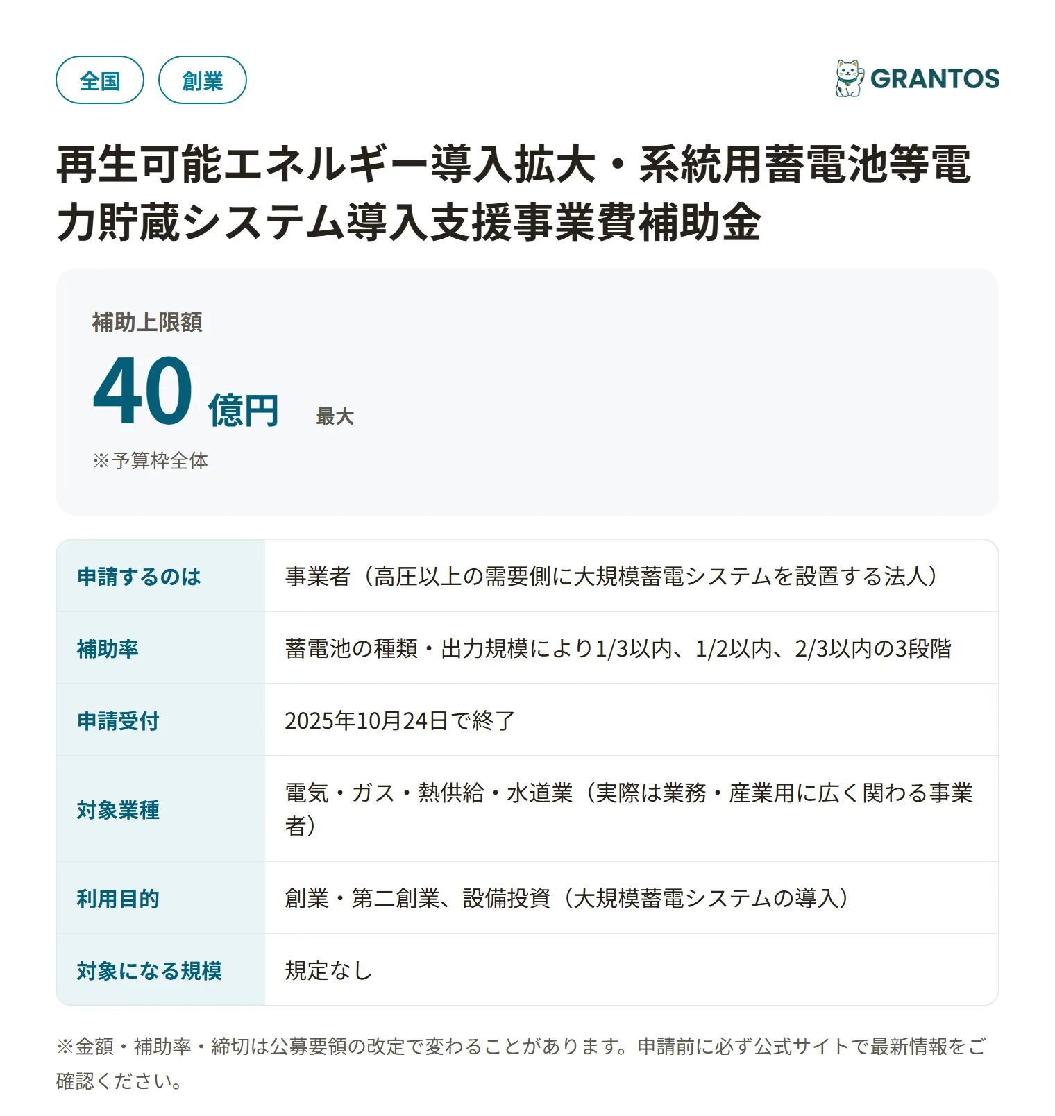 系統用蓄電池等電力貯蔵システム導入支援事業費補助金（令和7年度）の対象・金額・締切の概要