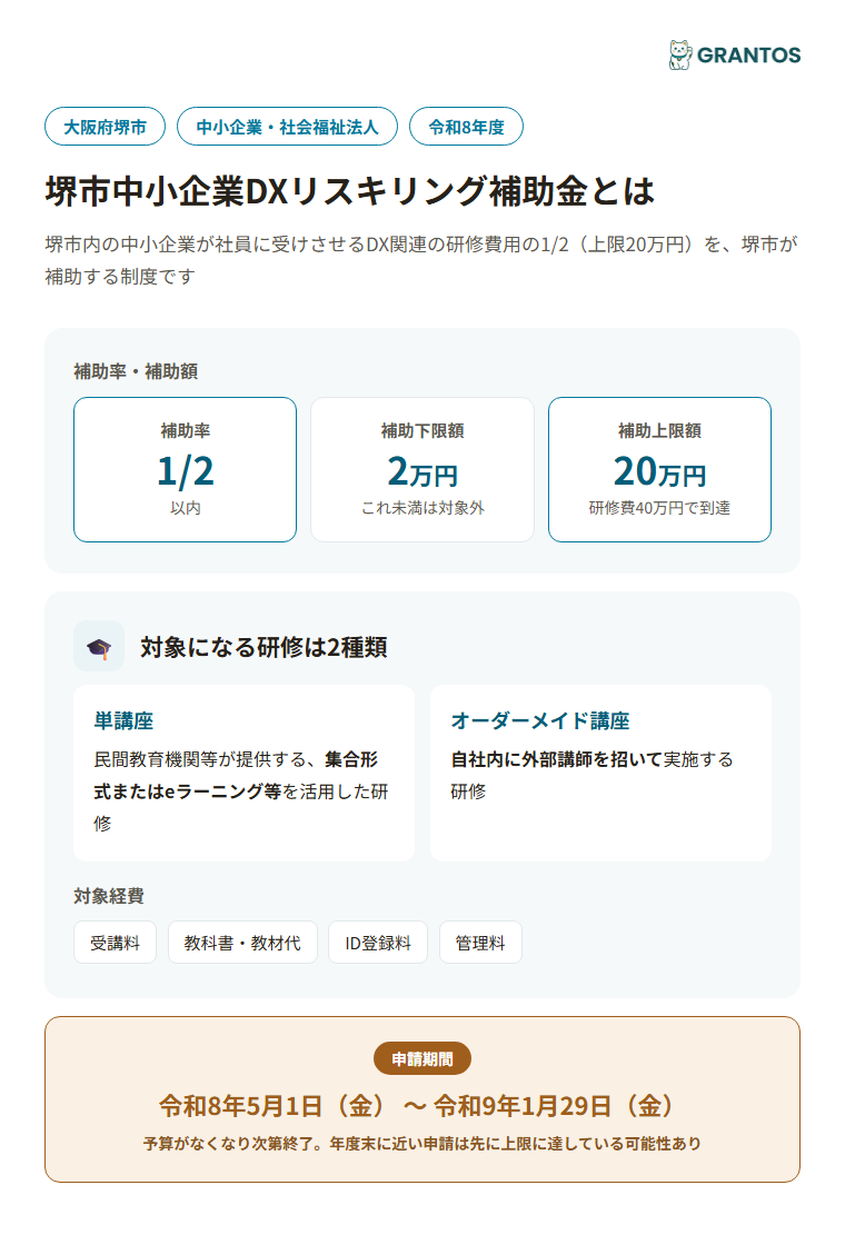 堺市中小企業DXリスキリング補助金の概要（対象・補助率・上限額）