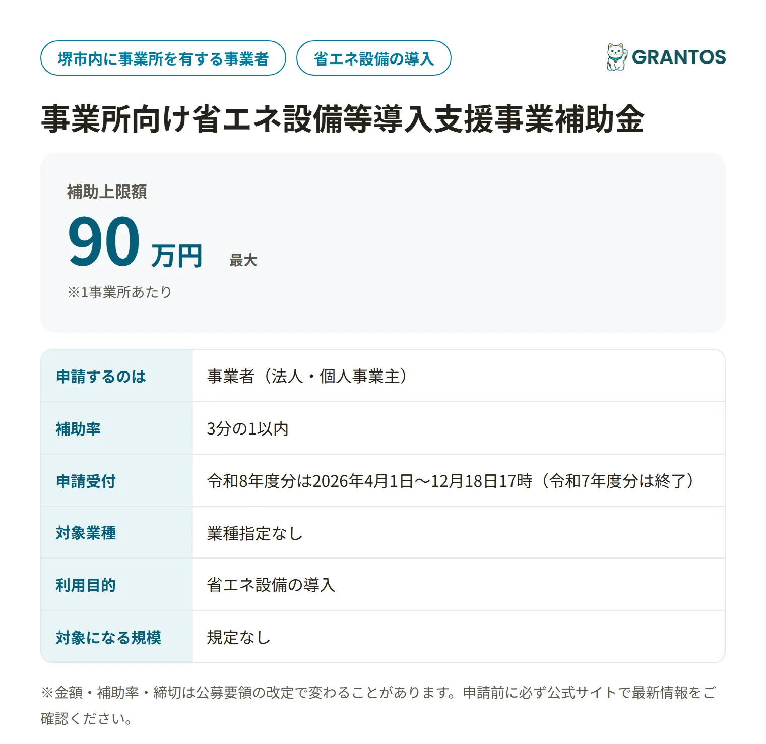 堺市事業所向け省エネ設備等導入支援事業補助金の対象・金額・締切の概要