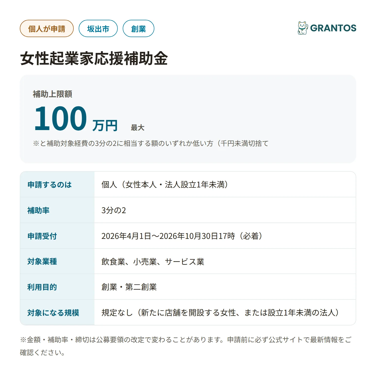 女性起業家応援補助金の対象・金額・締切の概要