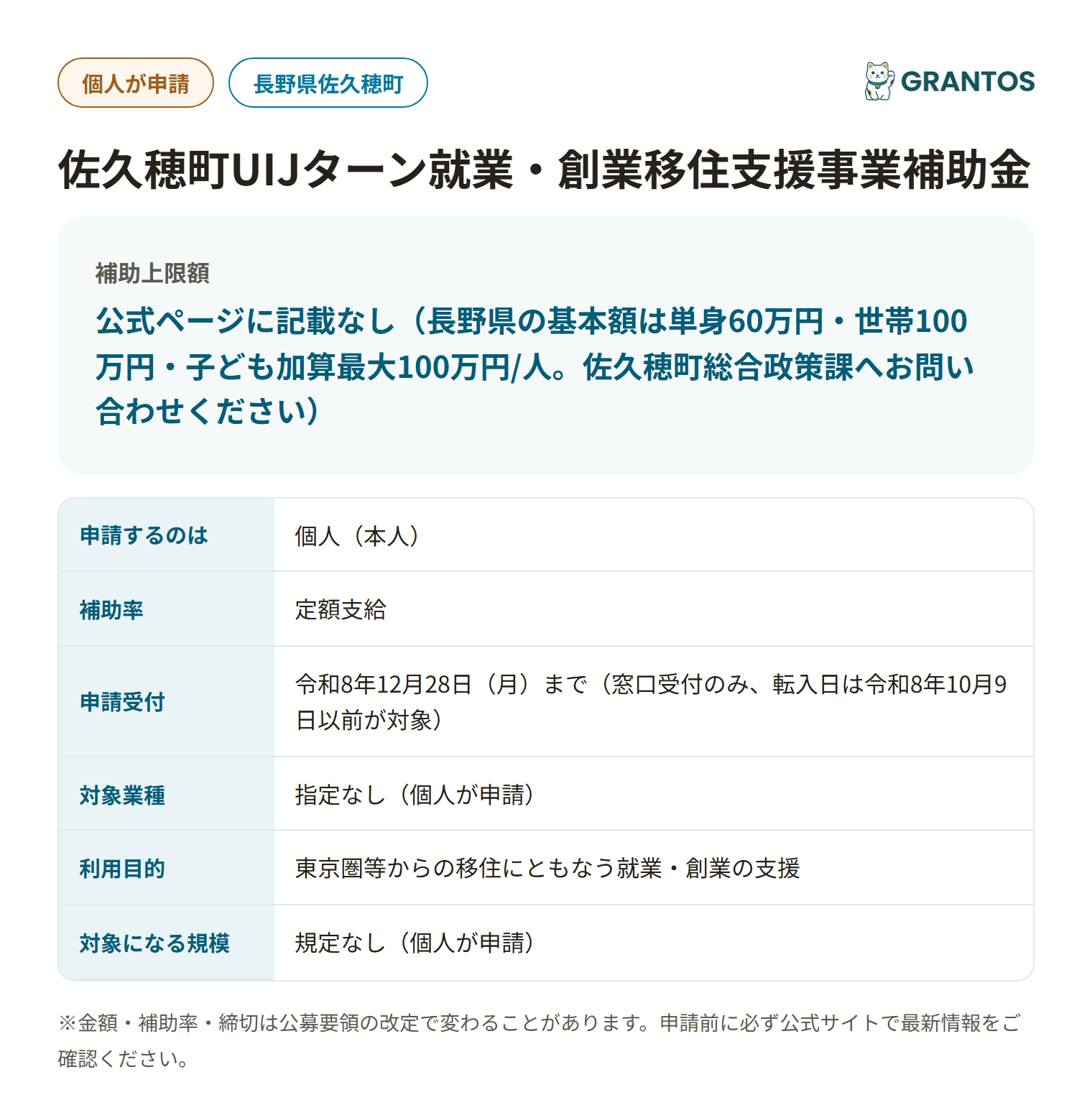 佐久穂町UIJターン就業・創業移住支援事業補助金の対象・金額・締切の概要