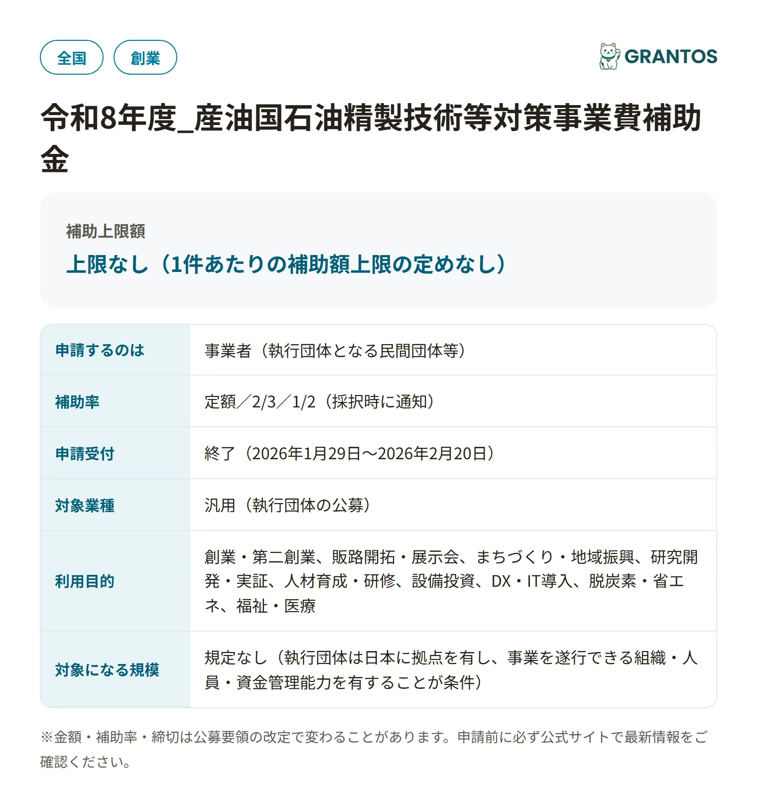 産油国石油精製技術等対策事業費補助金の対象・金額・締切の概要