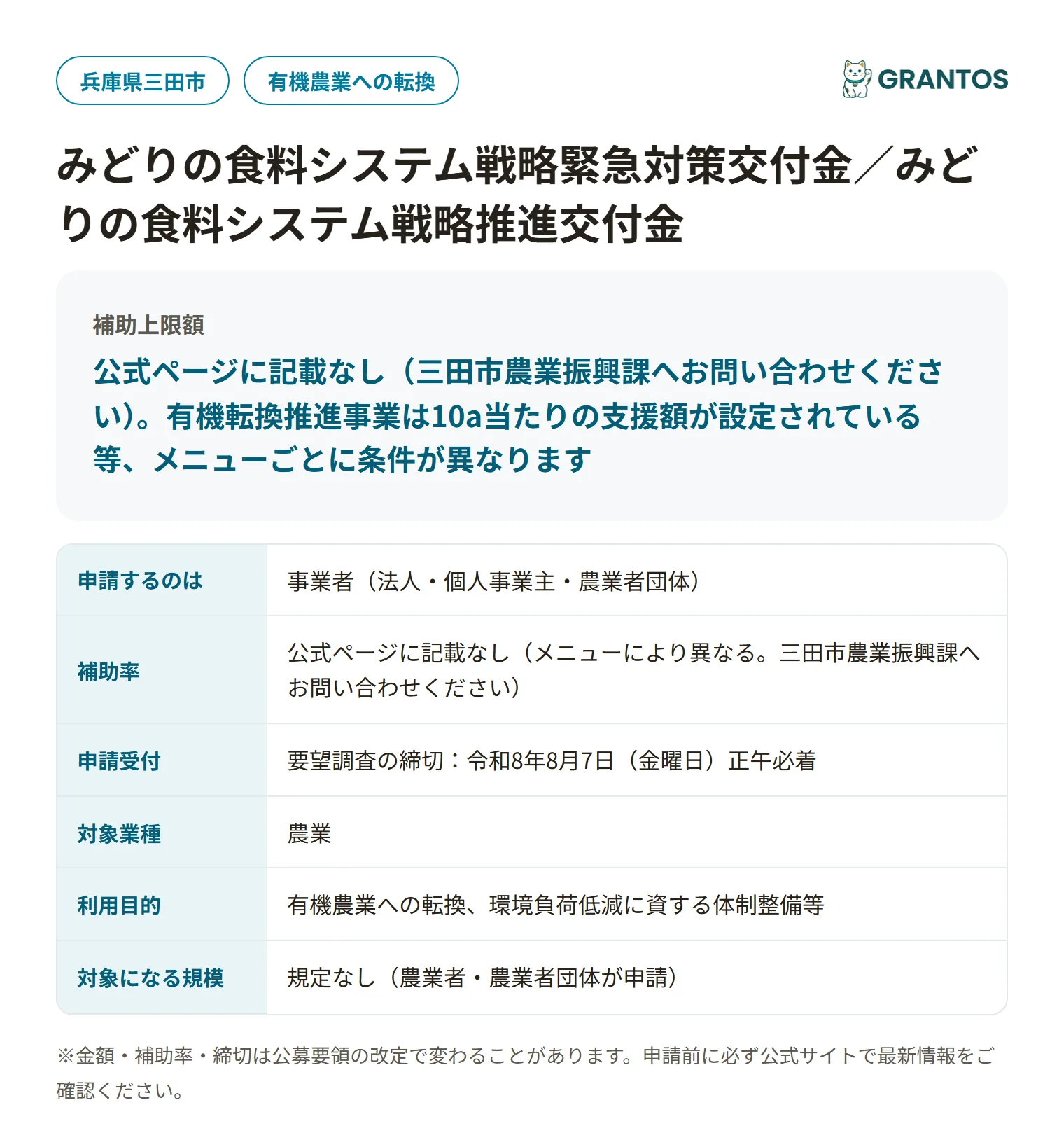 みどりの食料システム戦略推進交付金の対象・金額・締切の概要