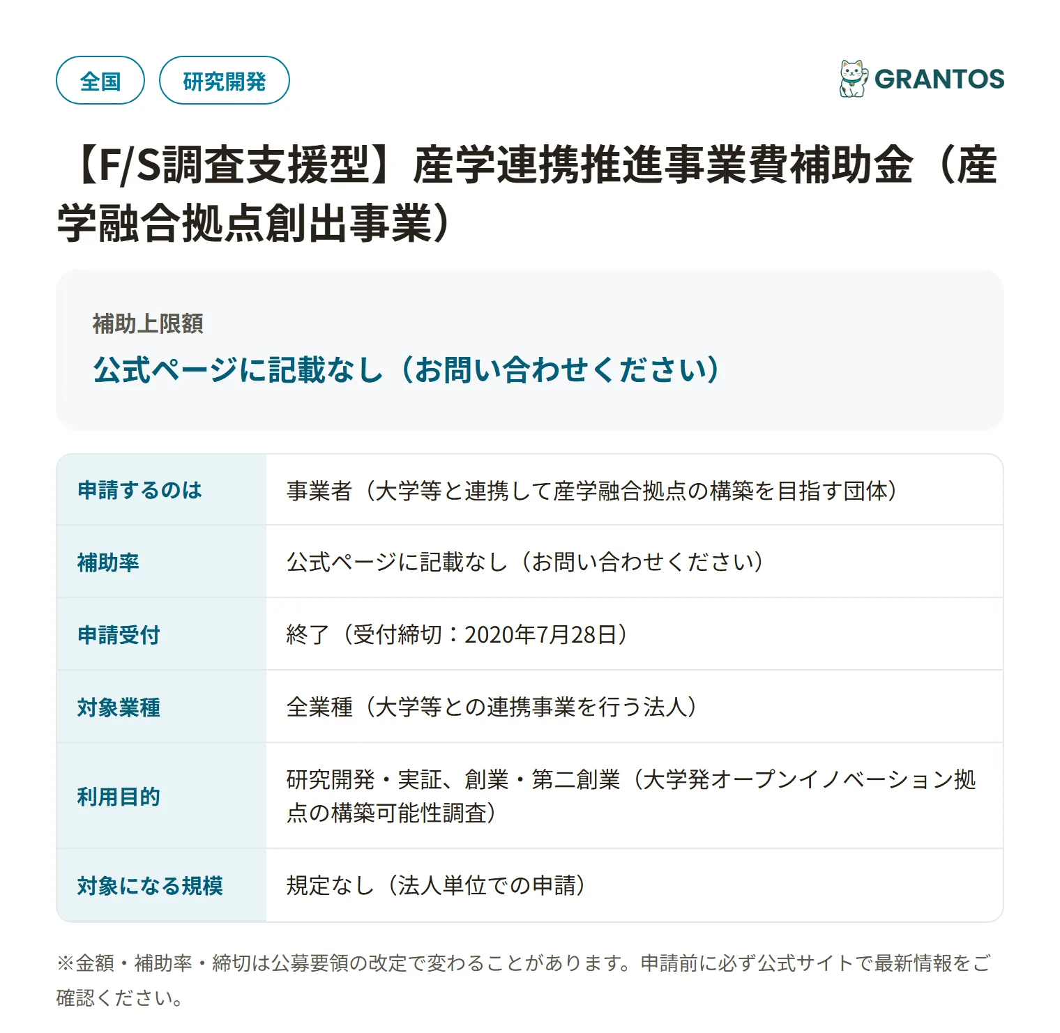 産学連携推進事業費補助金（F/S調査支援型）の対象・金額・締切の概要