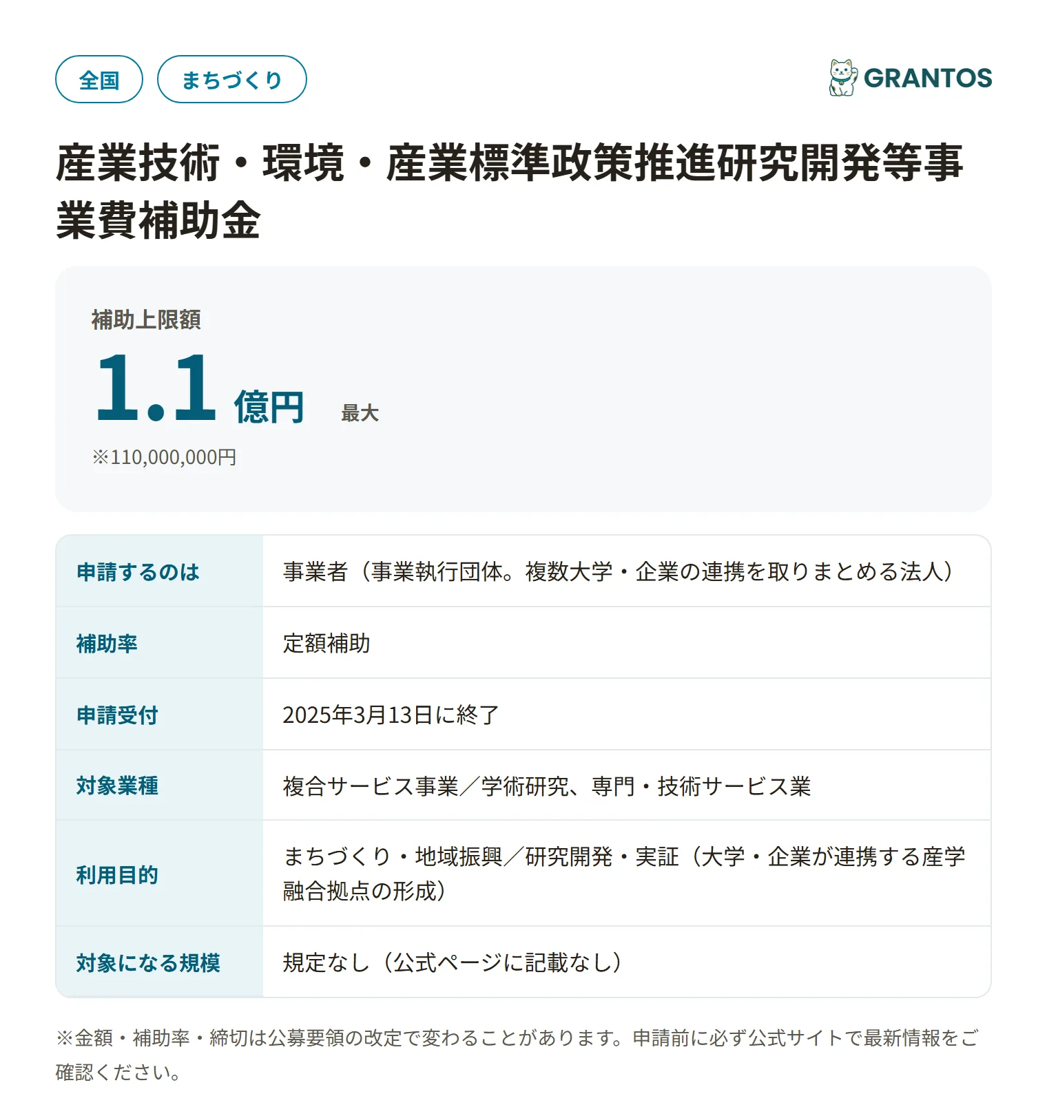 産学融合拠点創出事業補助金の対象・金額・締切の概要