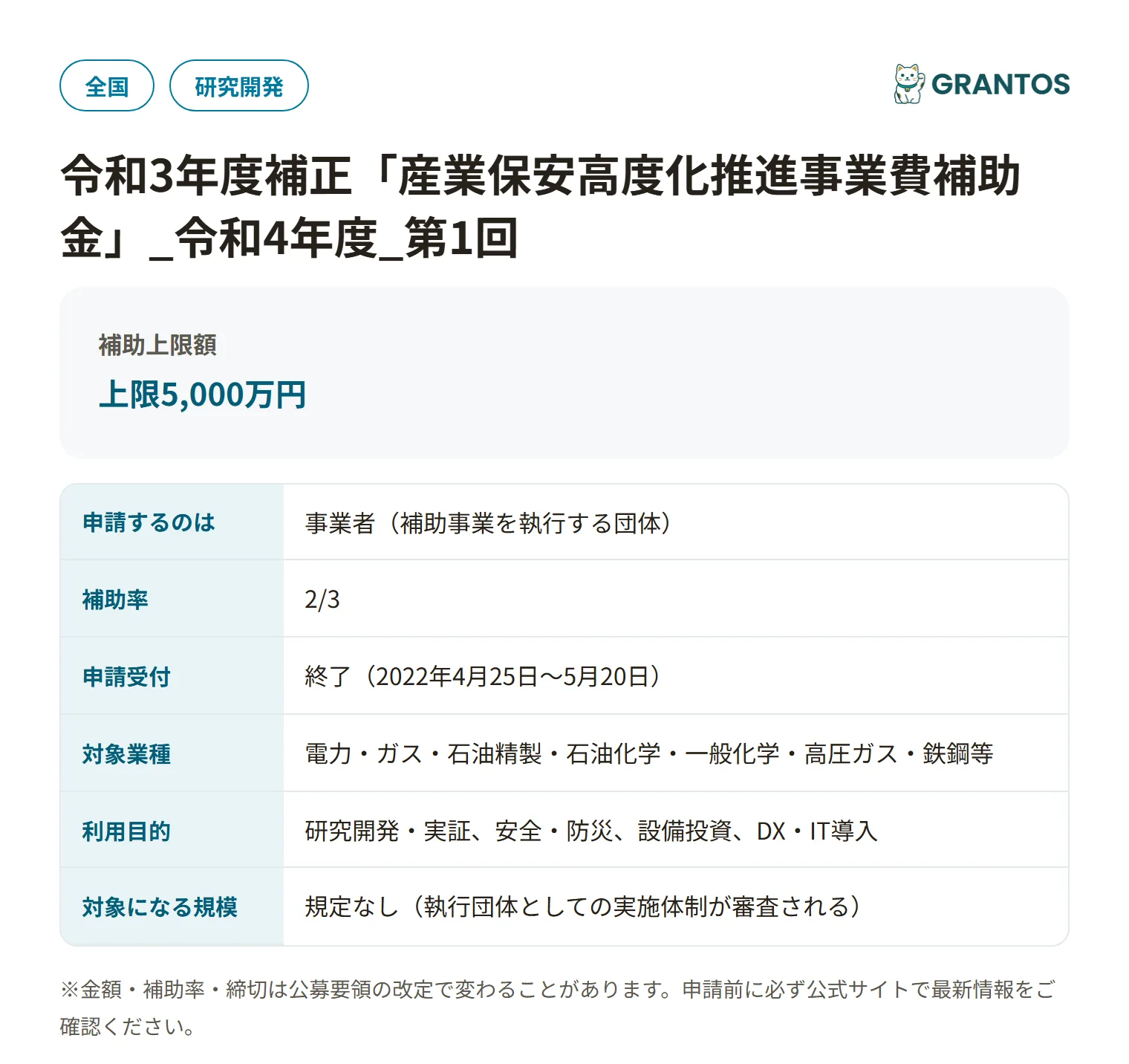 産業保安高度化推進事業費補助金の対象・金額・締切の概要