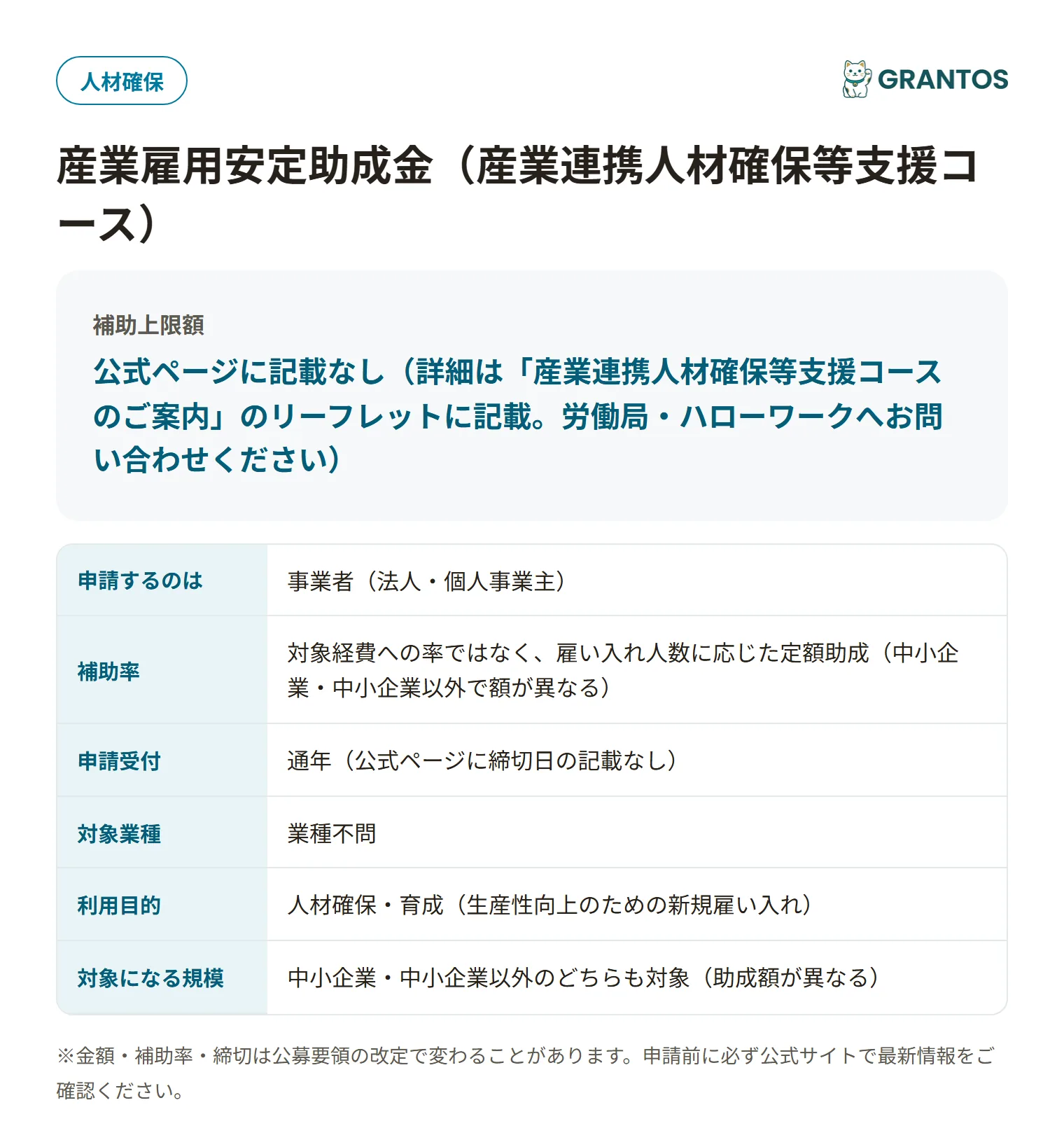 産業雇用安定助成金（産業連携人材確保等支援コース）の対象・要件の概要