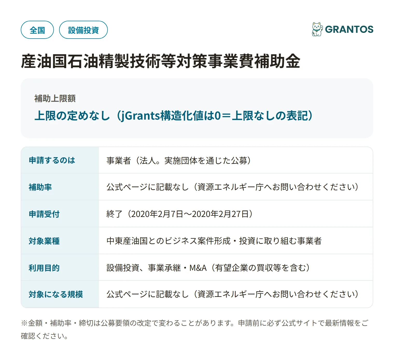 産油国石油精製技術等対策事業費補助金（中東等産油・産ガス国投資等促進事業）の対象・金額・締切の概要