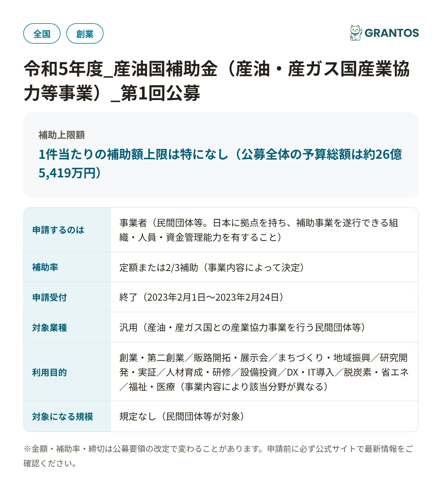 産油国補助金(産油・産ガス国産業協力等事業)第1回の対象・金額・締切の概要
