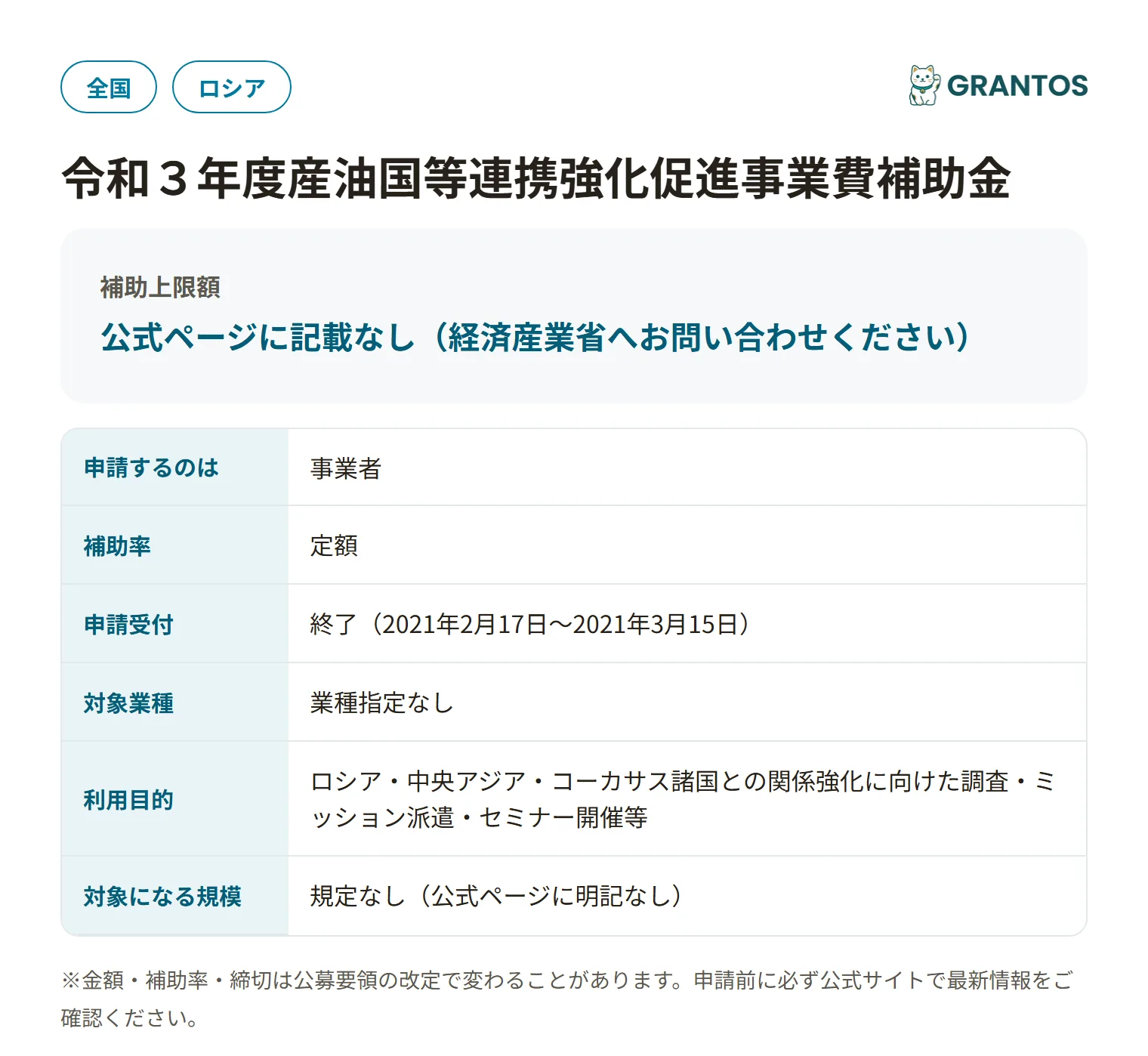 産油国等連携強化促進事業費補助金の対象・金額・締切の概要