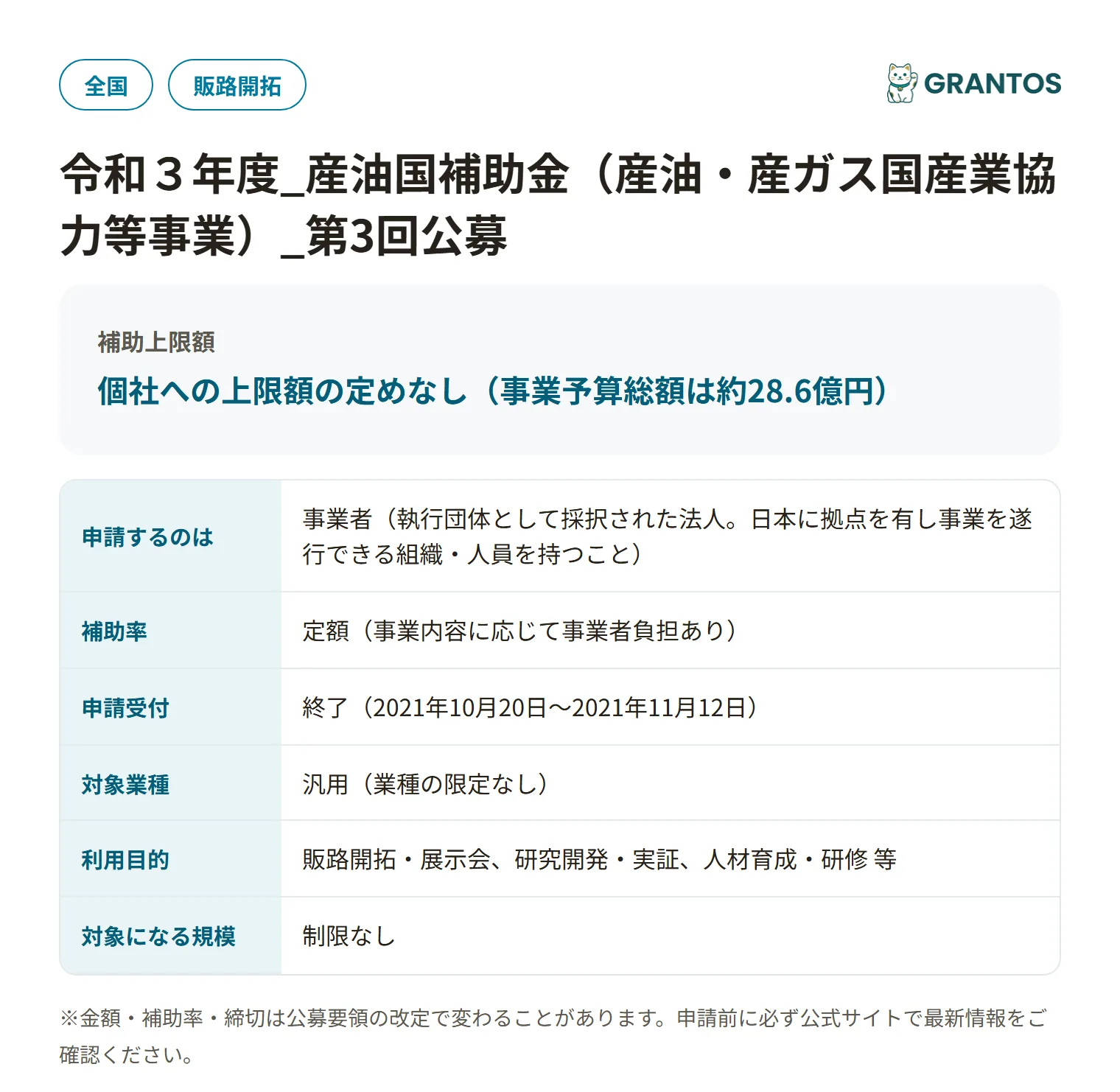 産油国補助金（産業協力等事業・令和3年度第3回）の対象・金額・締切の概要