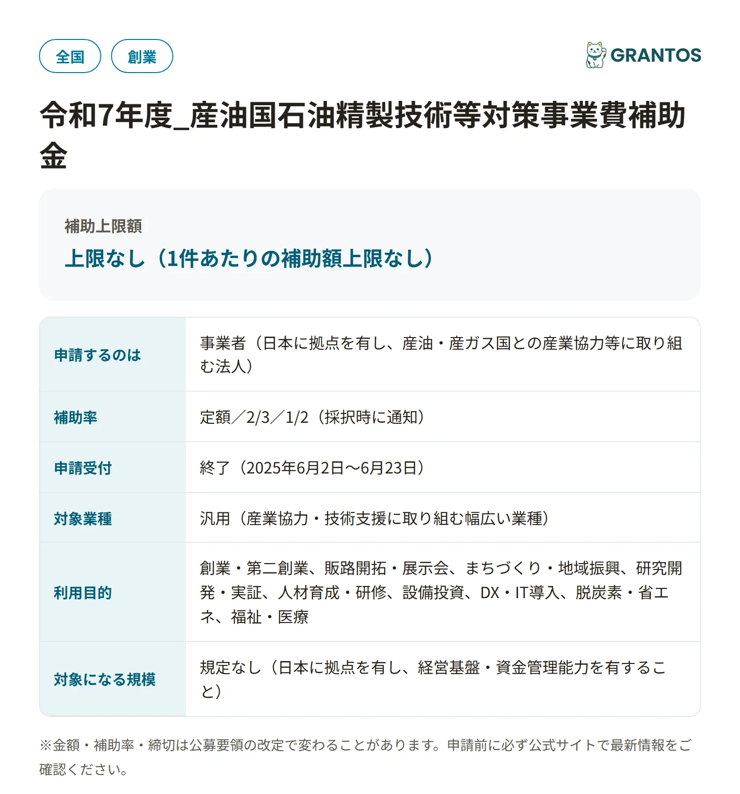 産油国石油精製技術等対策事業費補助金（第2回公募）の対象・金額・締切の概要