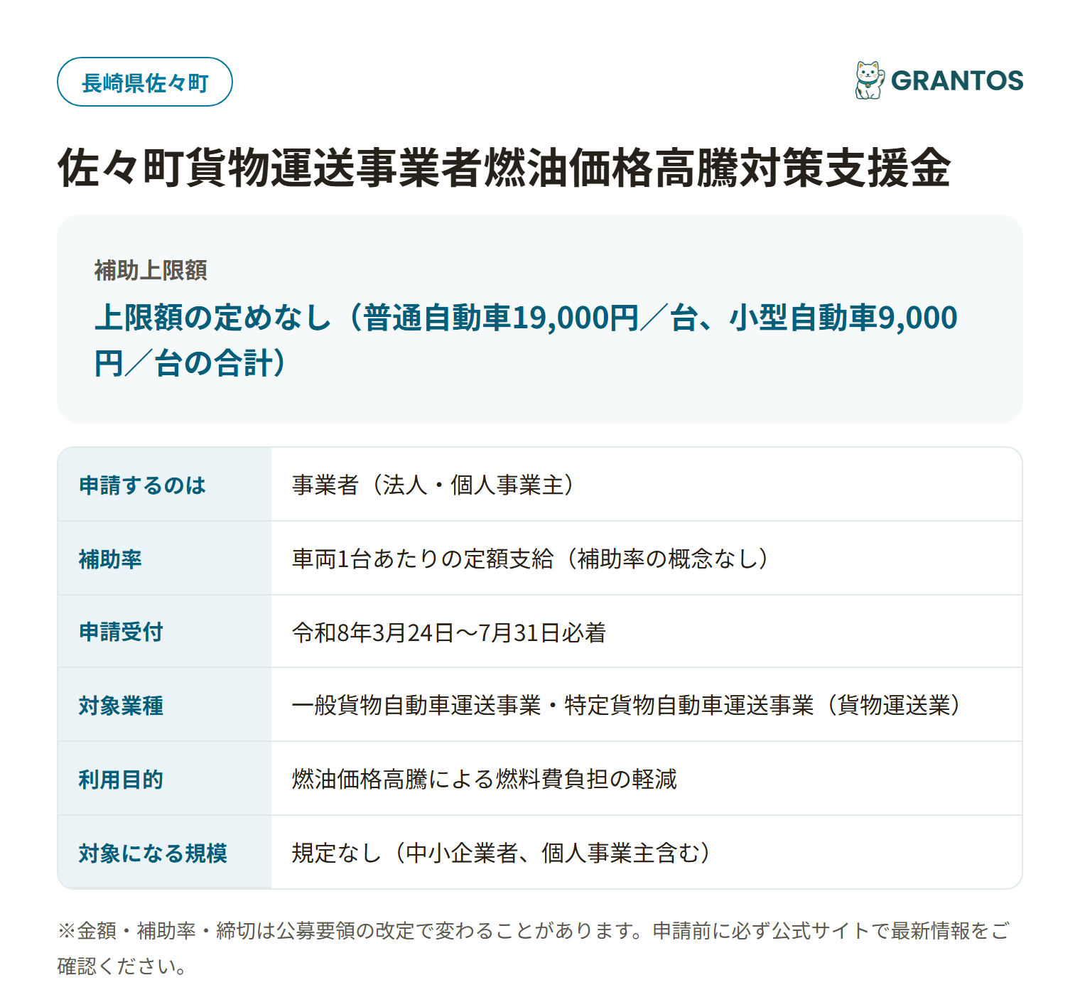 佐々町貨物運送事業者燃油価格高騰対策支援金の対象・金額・締切の概要