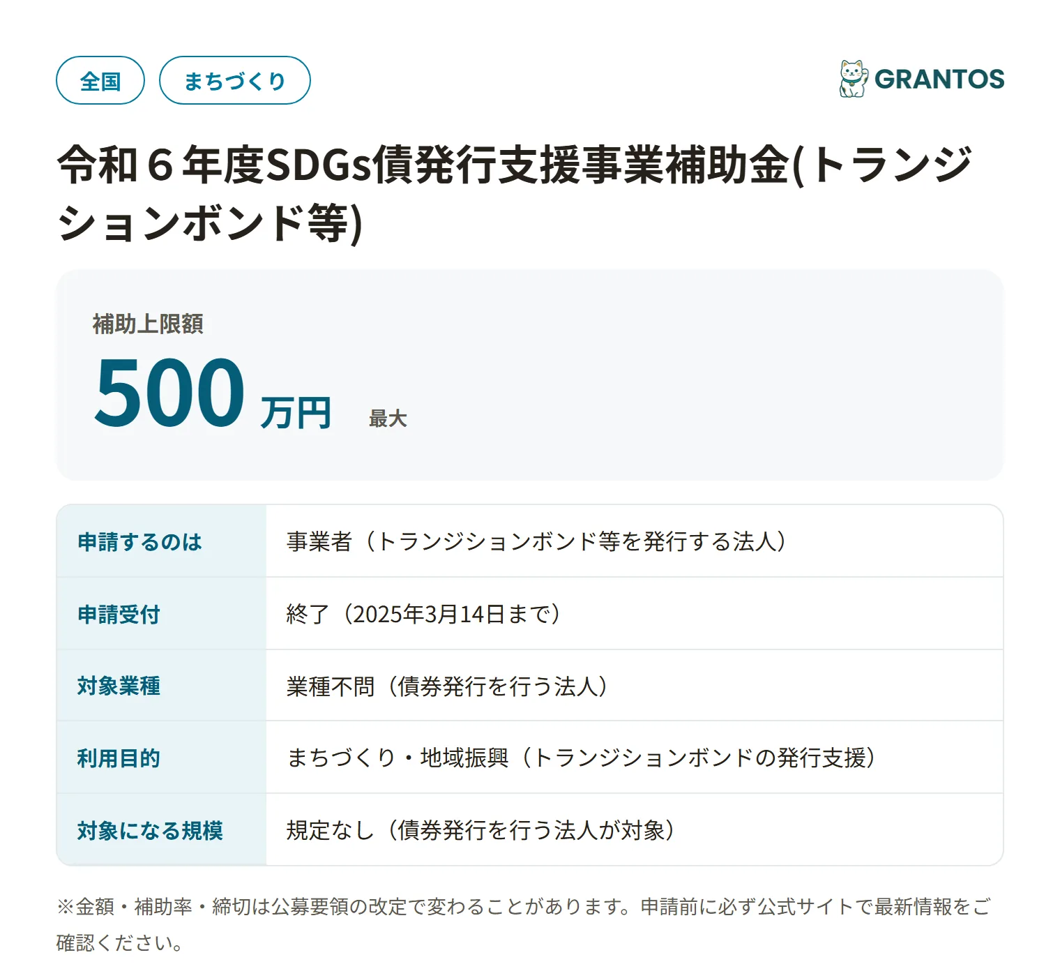 SDGs債発行支援補助金(トランジション)R6の対象・金額・締切の概要