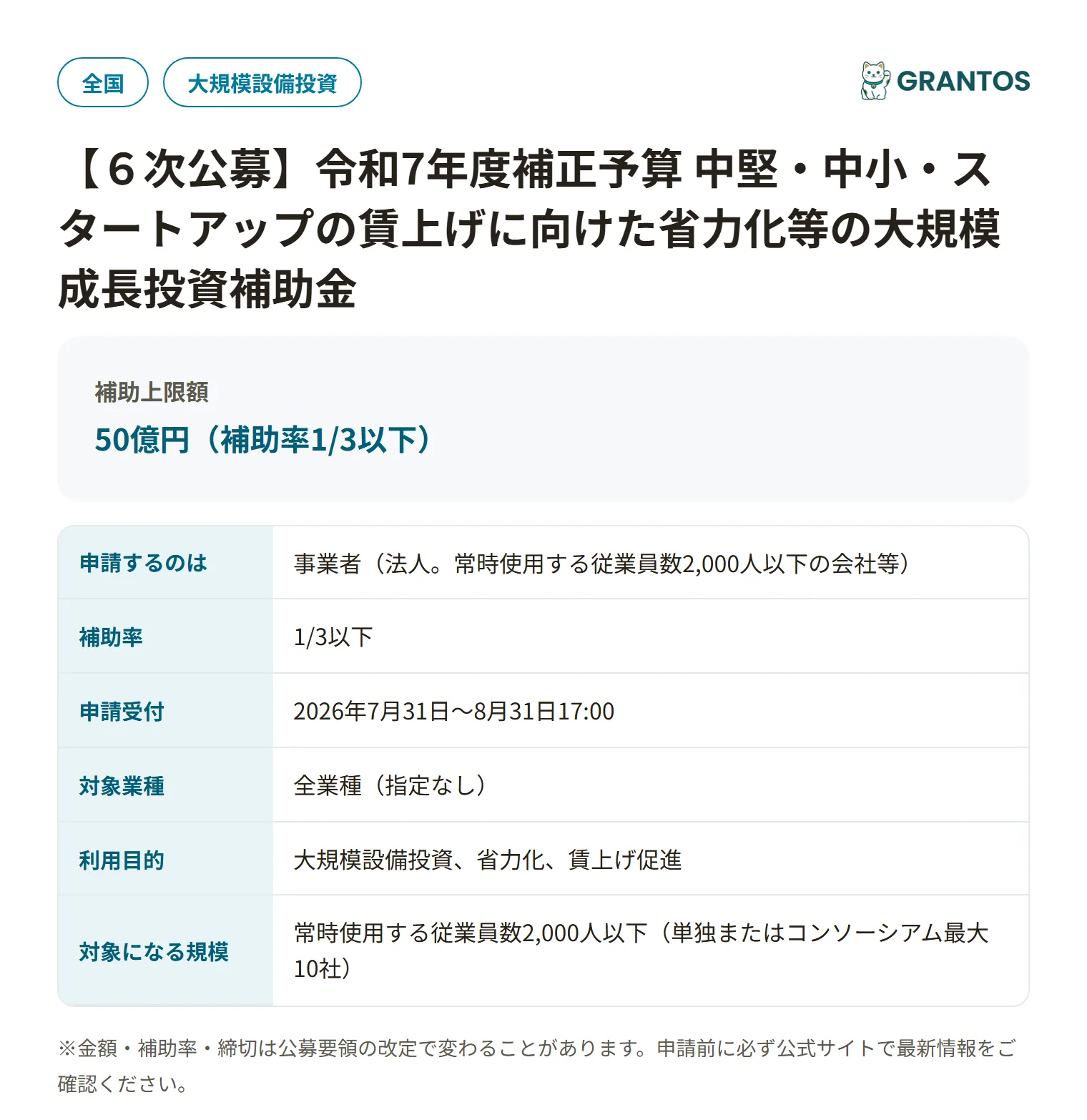 【6次公募】中堅・中小・スタートアップ企業の賃上げに向けた省力化等の大規模成長投資補助金の対象・金額・締切の概要
