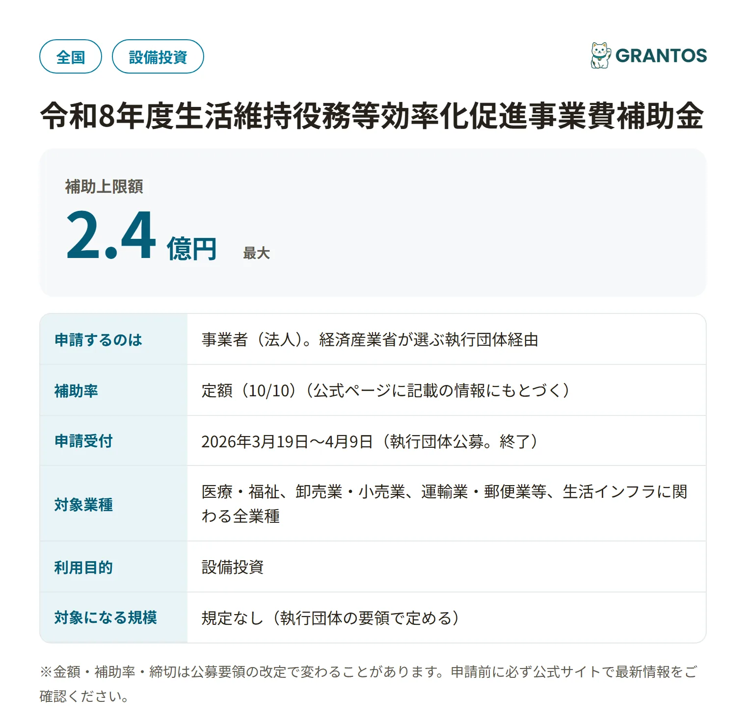 生活維持役務等効率化促進事業費補助金の対象・金額・締切の概要