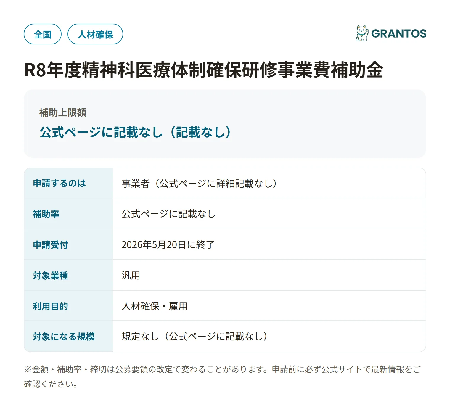 精神科医療体制確保研修事業費補助金の対象・金額・締切の概要
