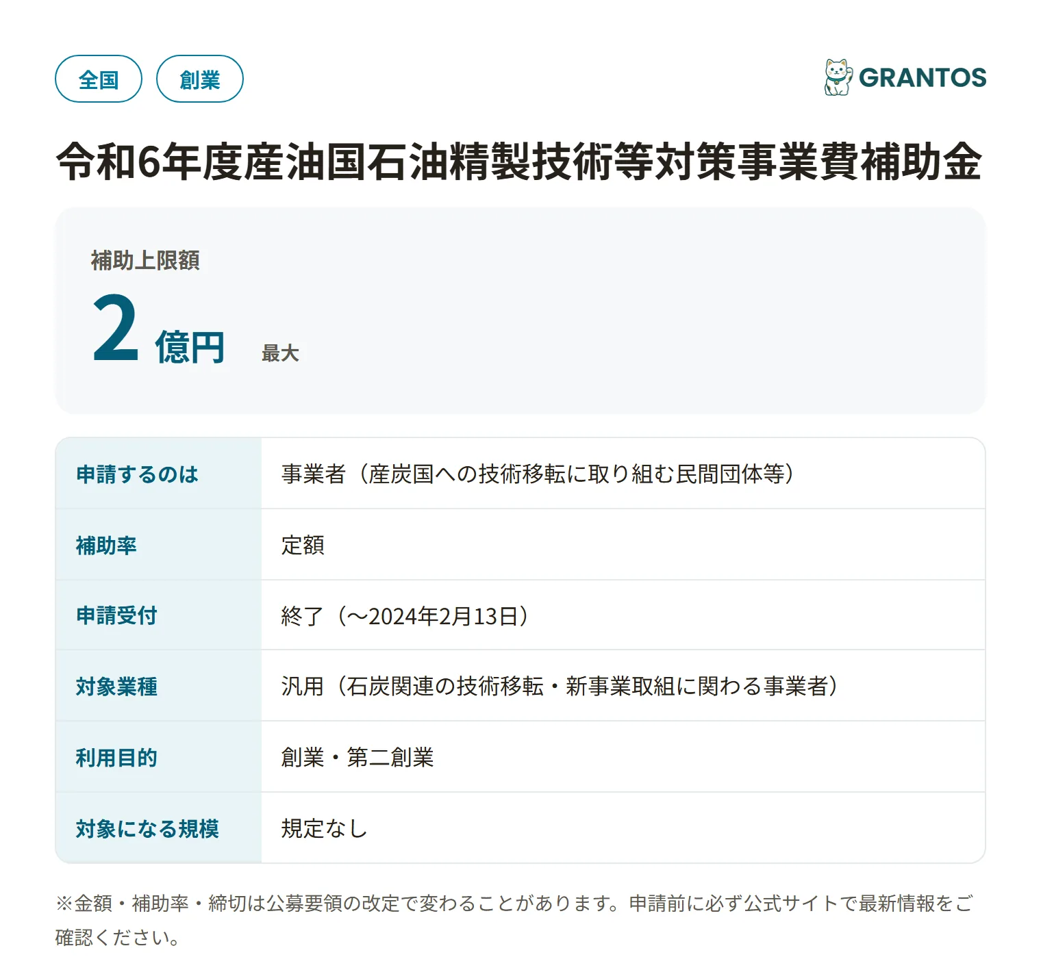 産油国石油精製技術等対策事業費補助金（石炭採掘技術等新事業取組等支援補助金・令和6年度）の対象・金額・締切の概要