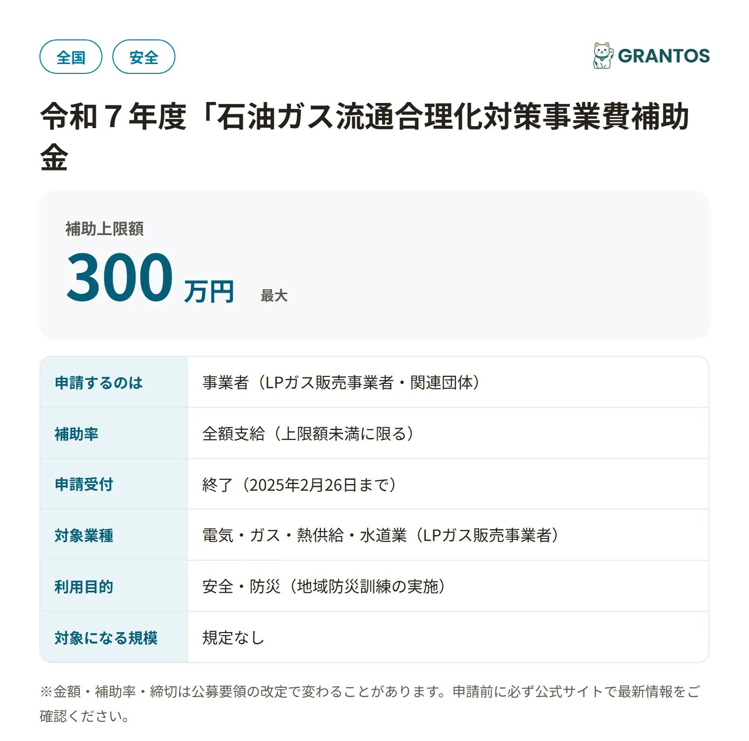 石油ガス地域防災訓練事業費補助金R7の対象・金額・締切の概要