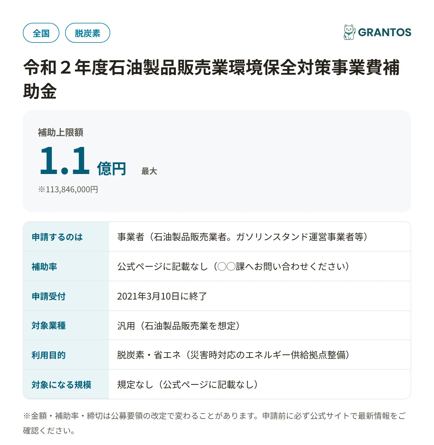 住民拠点SS整備事業補助金の対象・金額・締切の概要