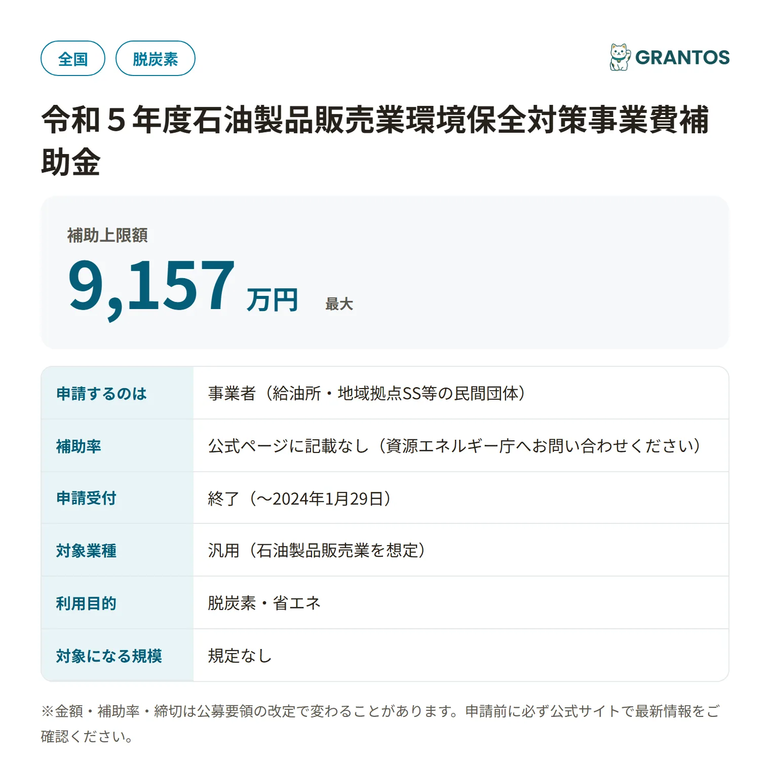 石油製品販売業環境保全対策事業費補助金（災害対応能力強化事業等・令和5年度）の対象・金額・締切の概要