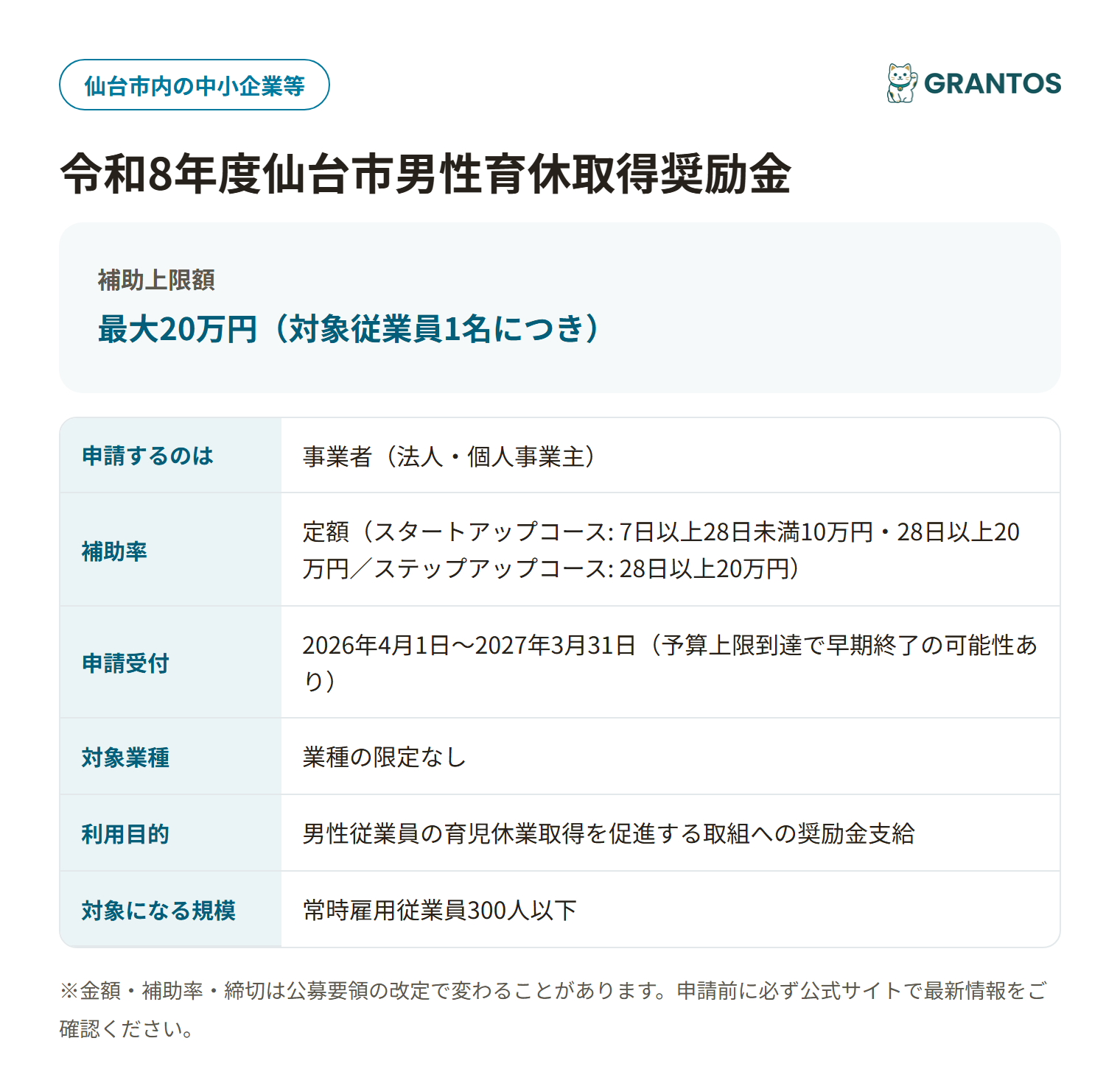 仙台市男性育休取得奨励金の対象・金額・締切の概要