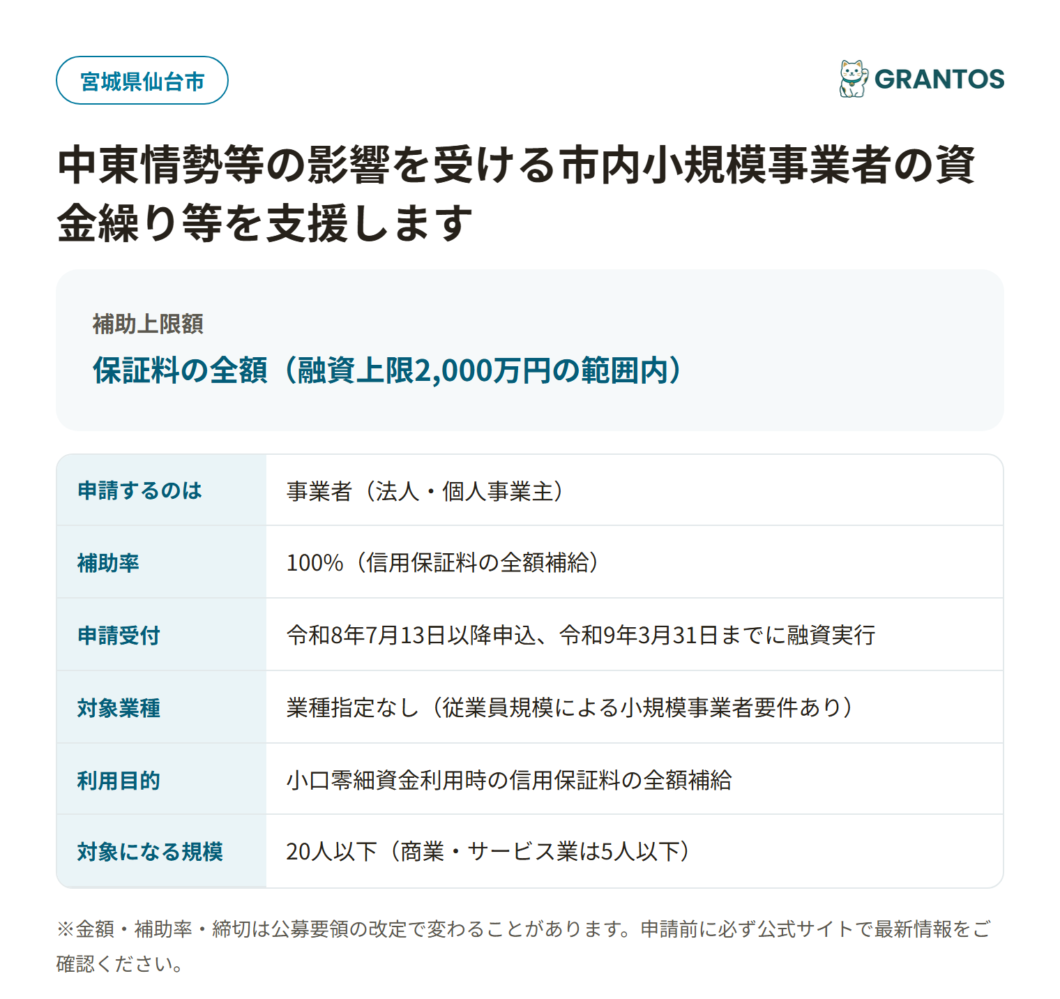 仙台市 中東情勢等の影響を受ける小規模事業者への資金繰り支援の対象・金額・締切の概要