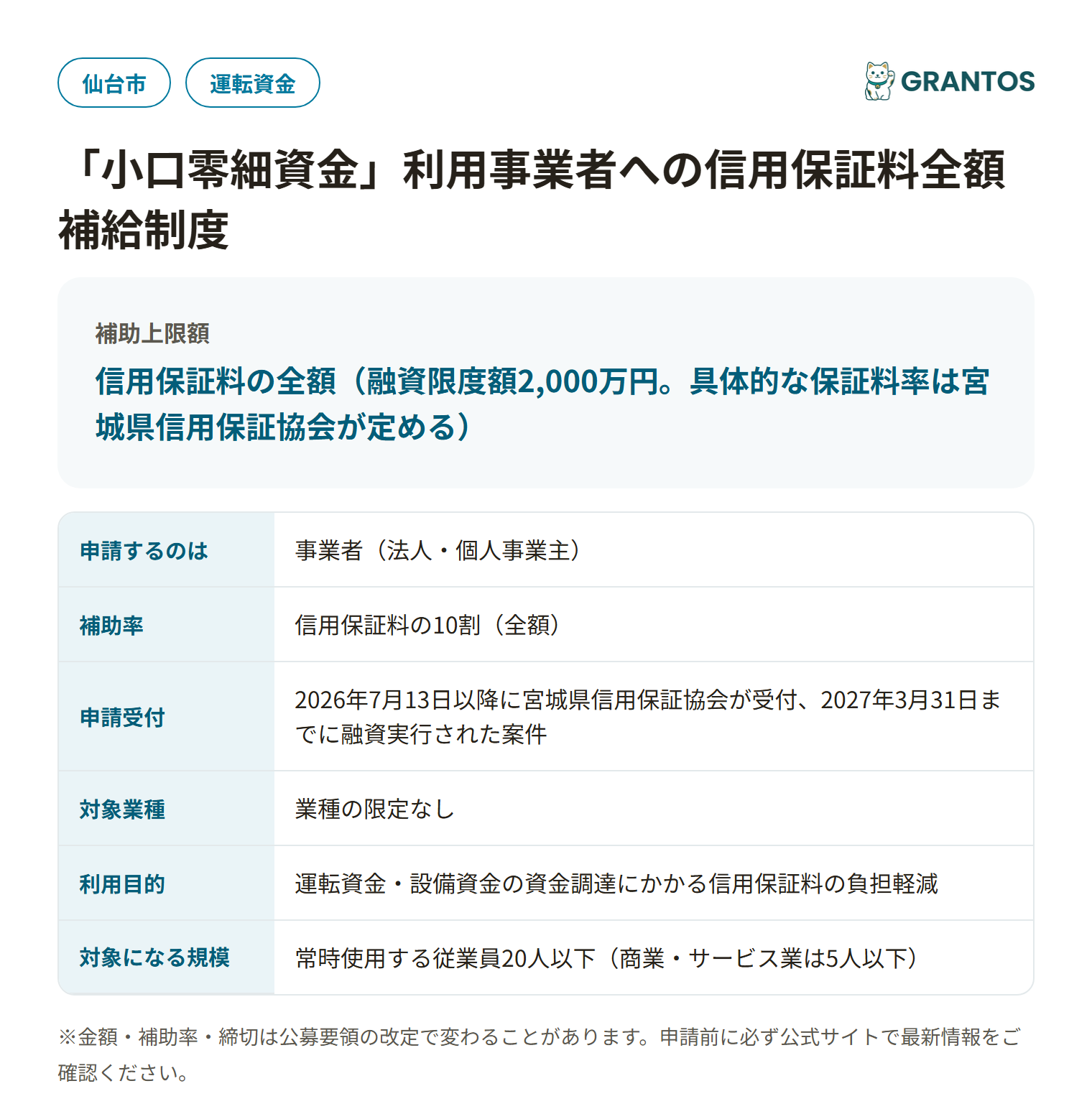仙台市小口零細資金保証料補給制度の対象・金額・締切の概要