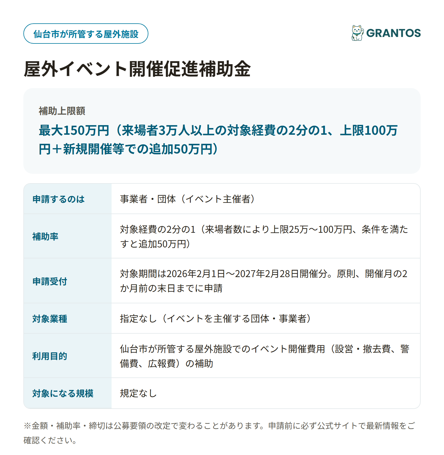 仙台市屋外イベント開催促進補助金の対象・金額・締切の概要
