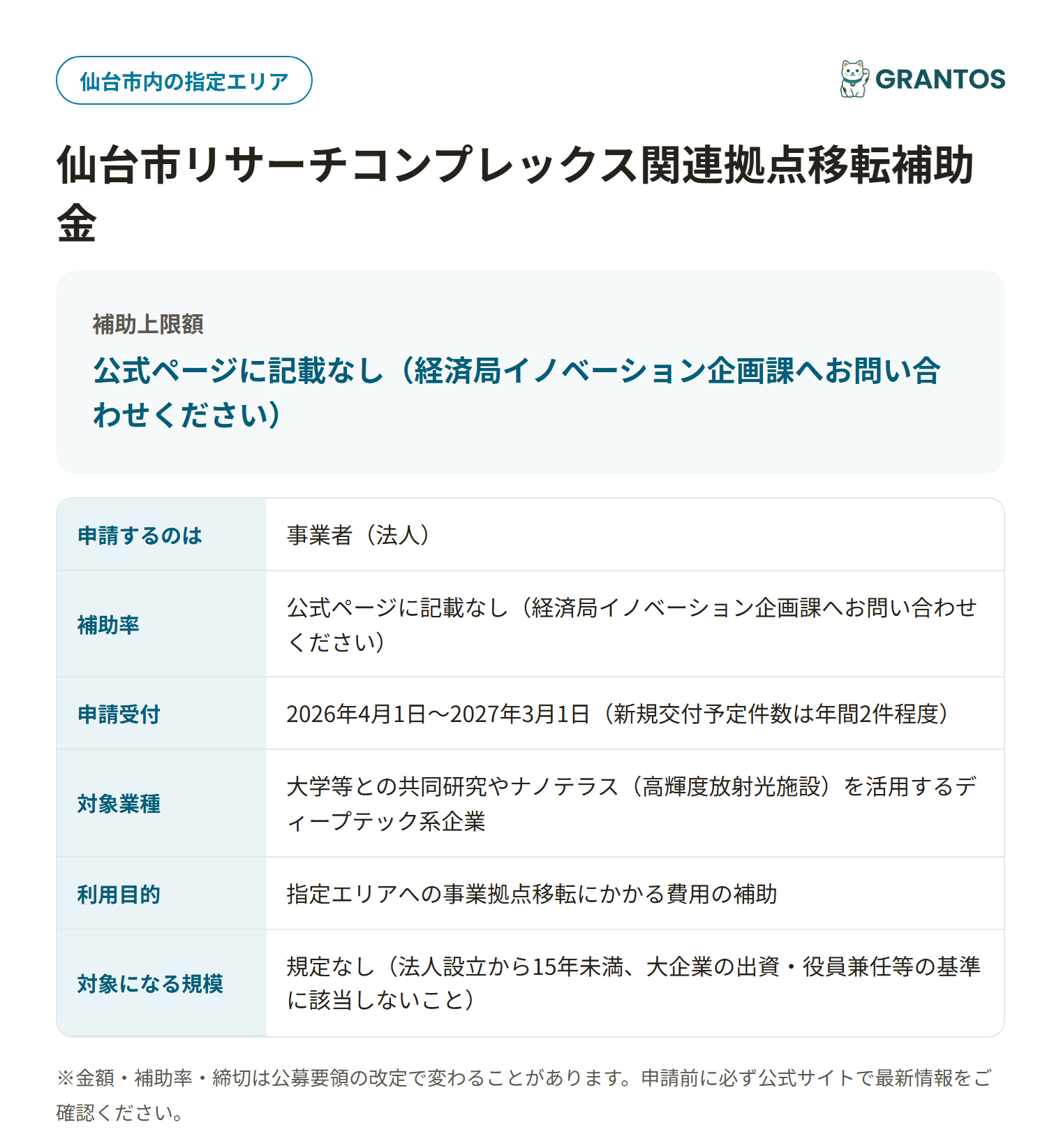 仙台市リサーチコンプレックス関連拠点移転補助金の対象・金額・締切の概要