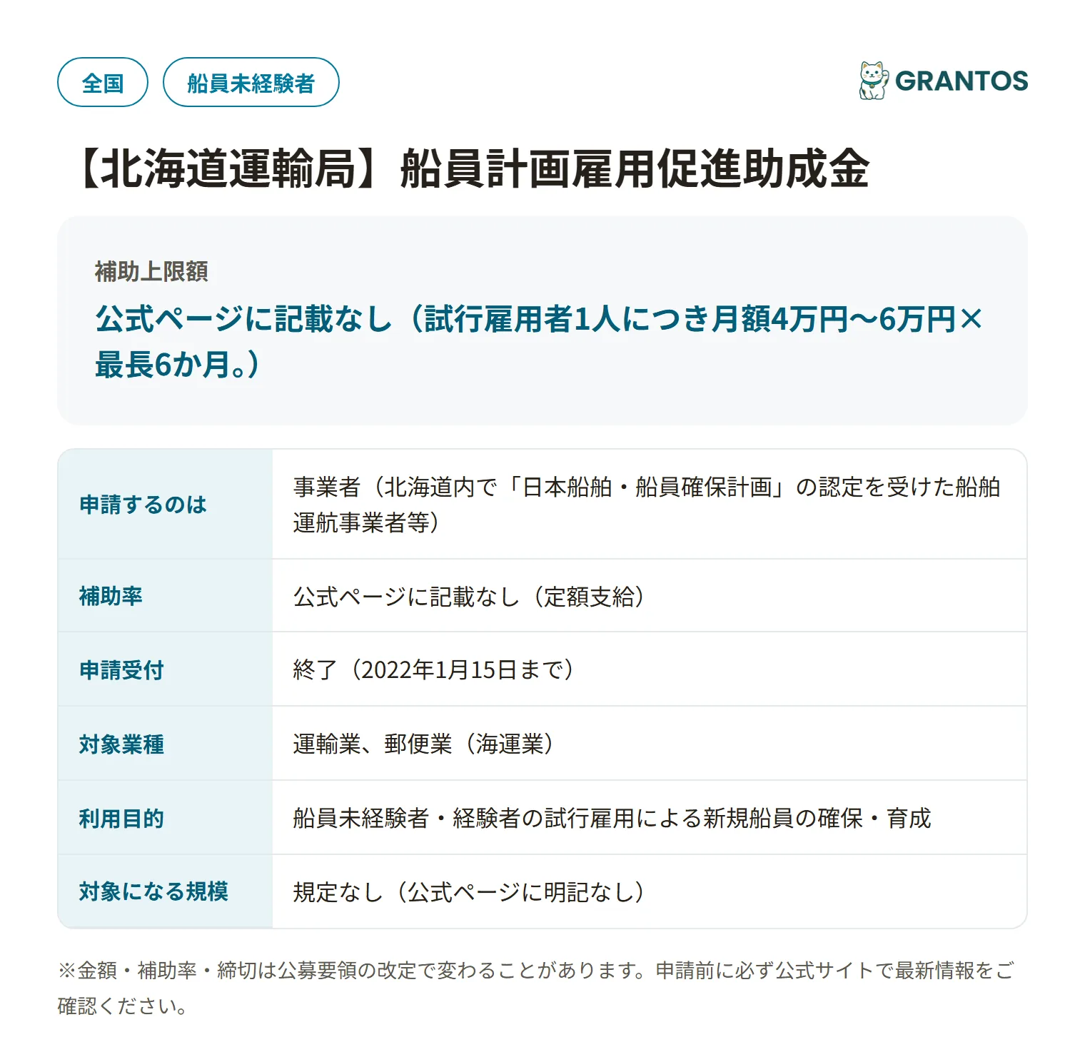 北海道運輸局分の船員計画雇用促進助成金の対象・金額・締切の概要