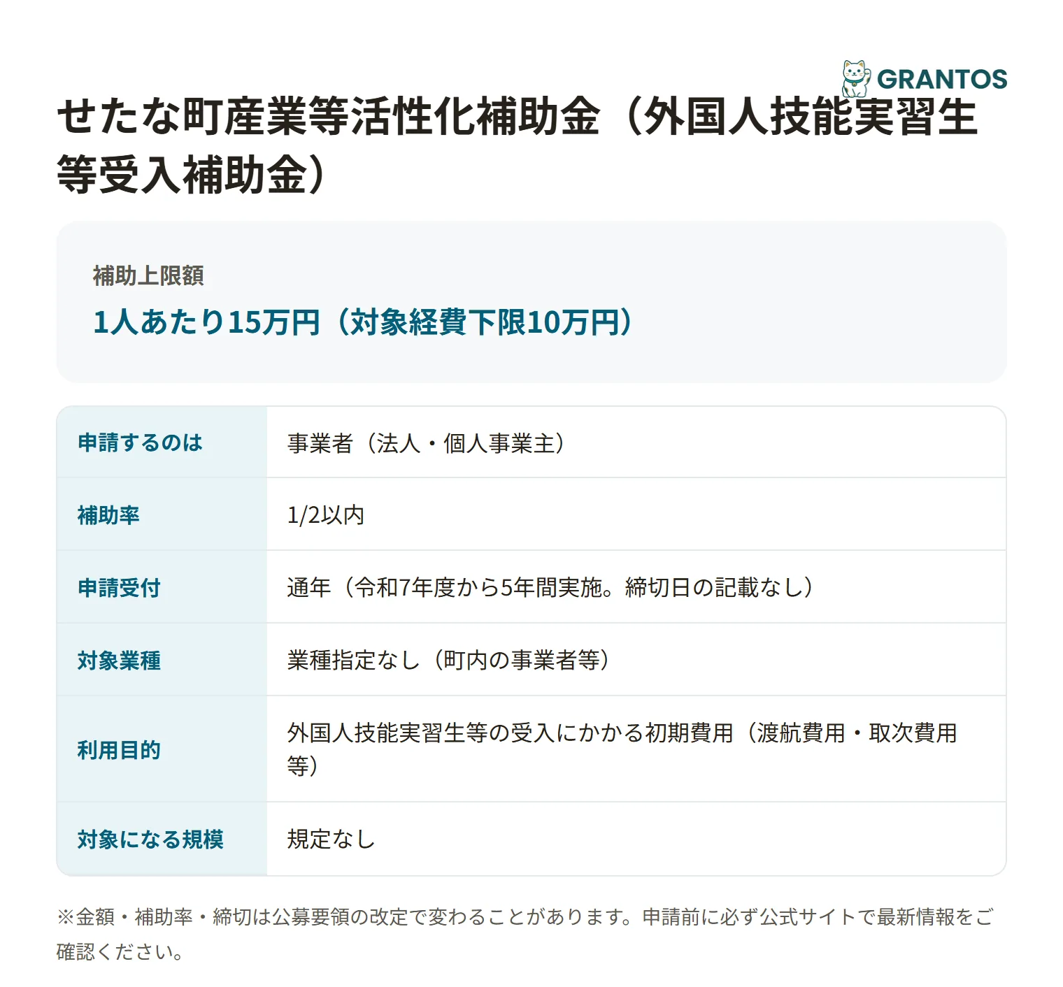 せたな町外国人技能実習生等受入補助金の対象・金額・締切の概要