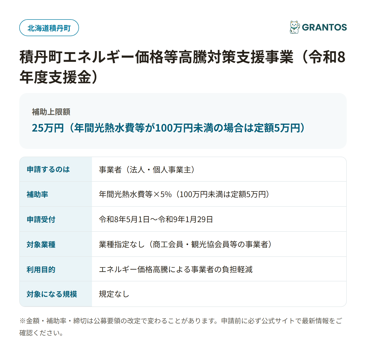積丹町エネルギー価格等高騰対策支援金の対象・金額・締切の概要