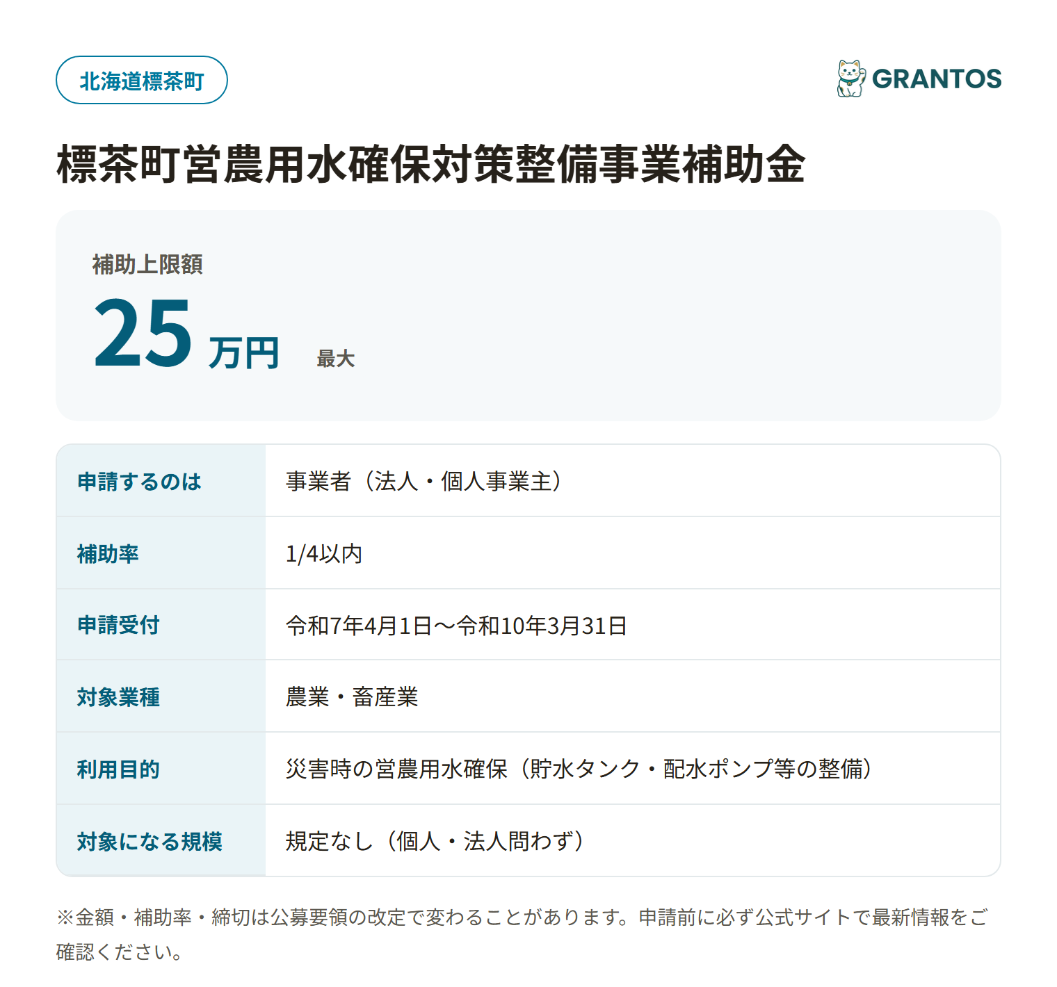 標茶町営農用水確保対策整備事業補助金の対象・金額・締切の概要
