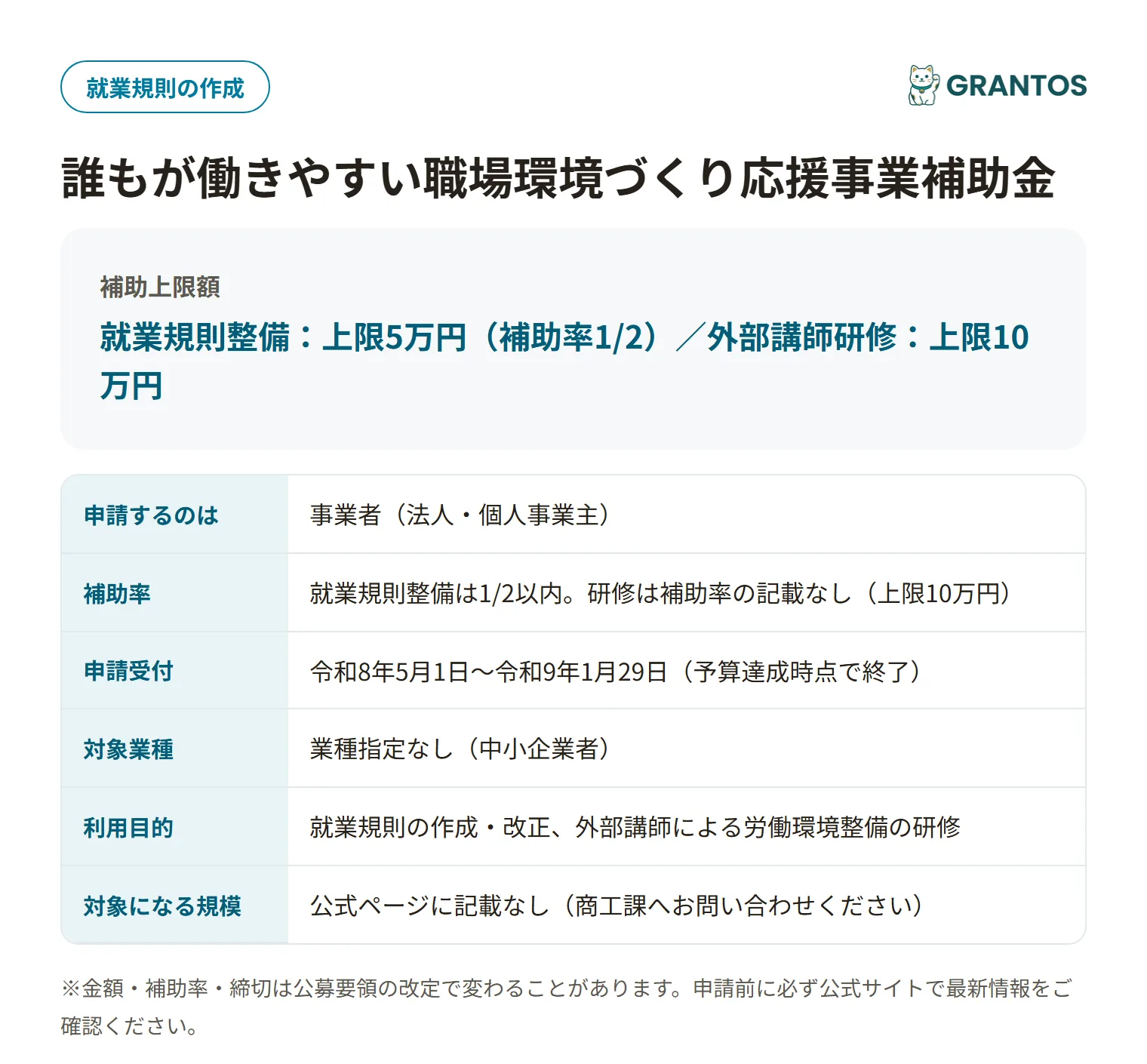 誰もが働きやすい職場環境づくり応援事業補助金（規則整備・人材育成メニュー）の対象・金額・締切の概要