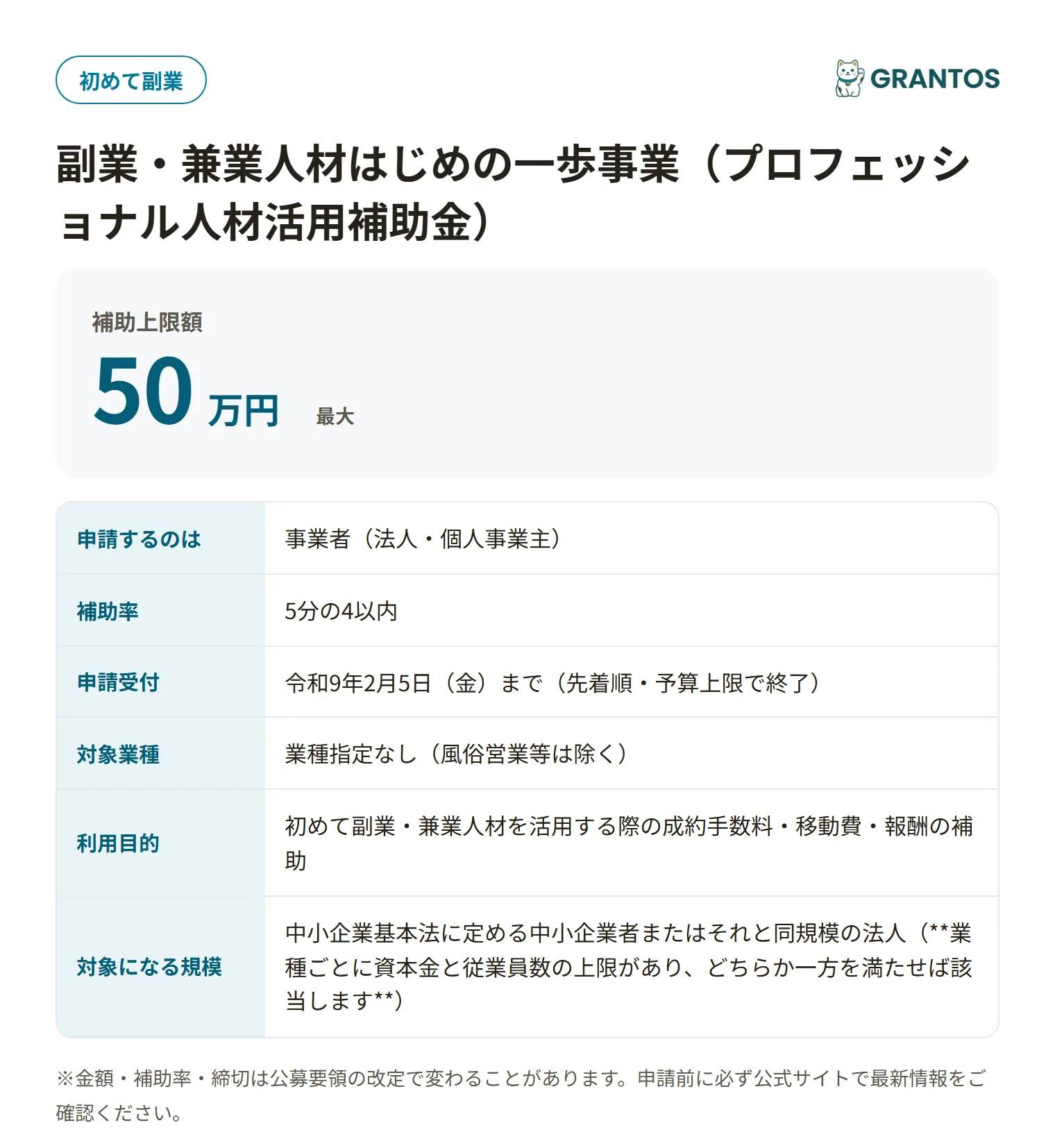副業・兼業人材はじめの一歩事業の対象・金額・締切の概要