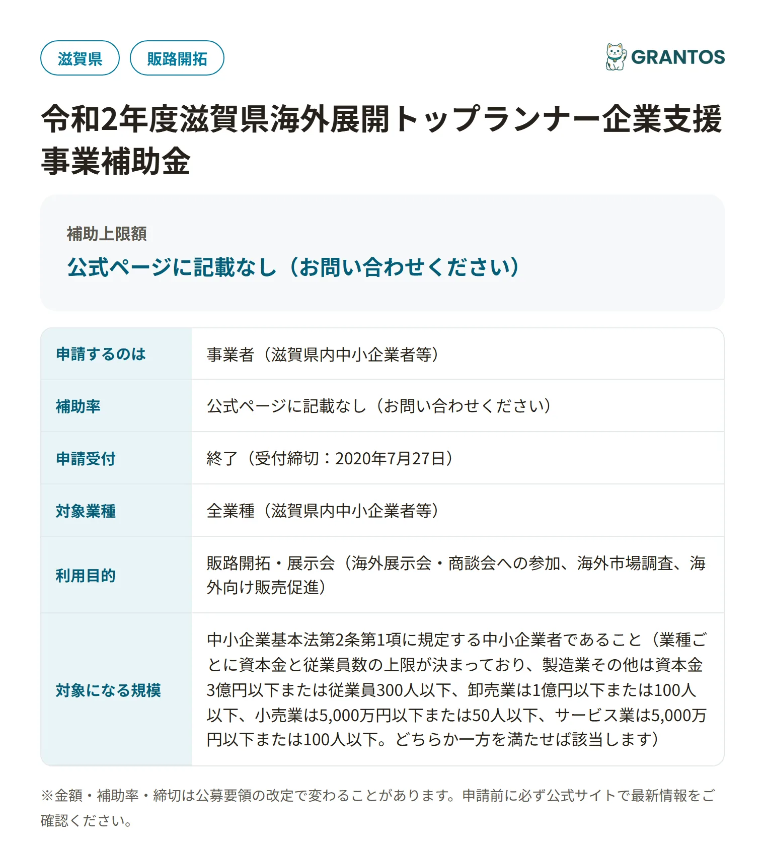 滋賀県海外展開トップランナー企業支援事業補助金(令和2年度)の対象・金額・締切の概要