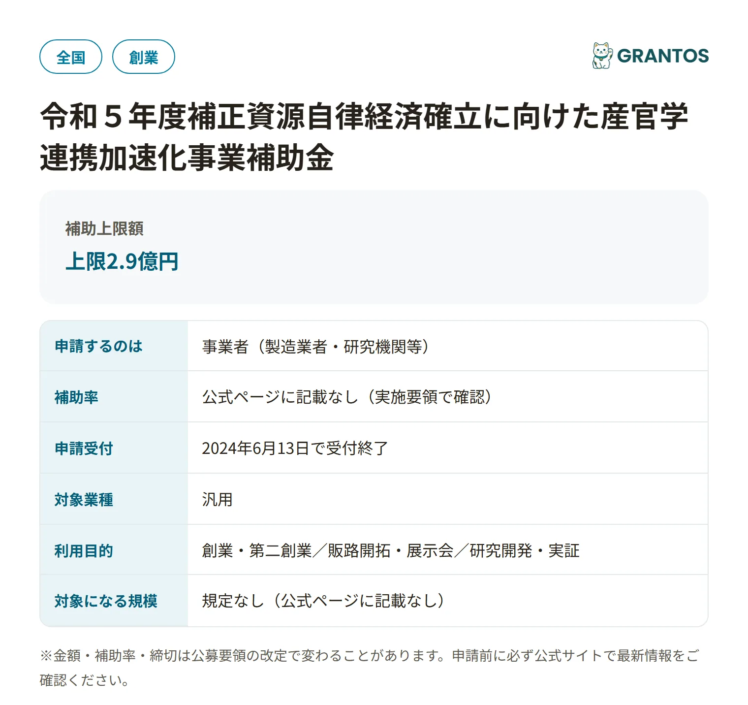 資源自律経済確立に向けた産官学連携加速化事業補助金の対象・金額・締切の概要
