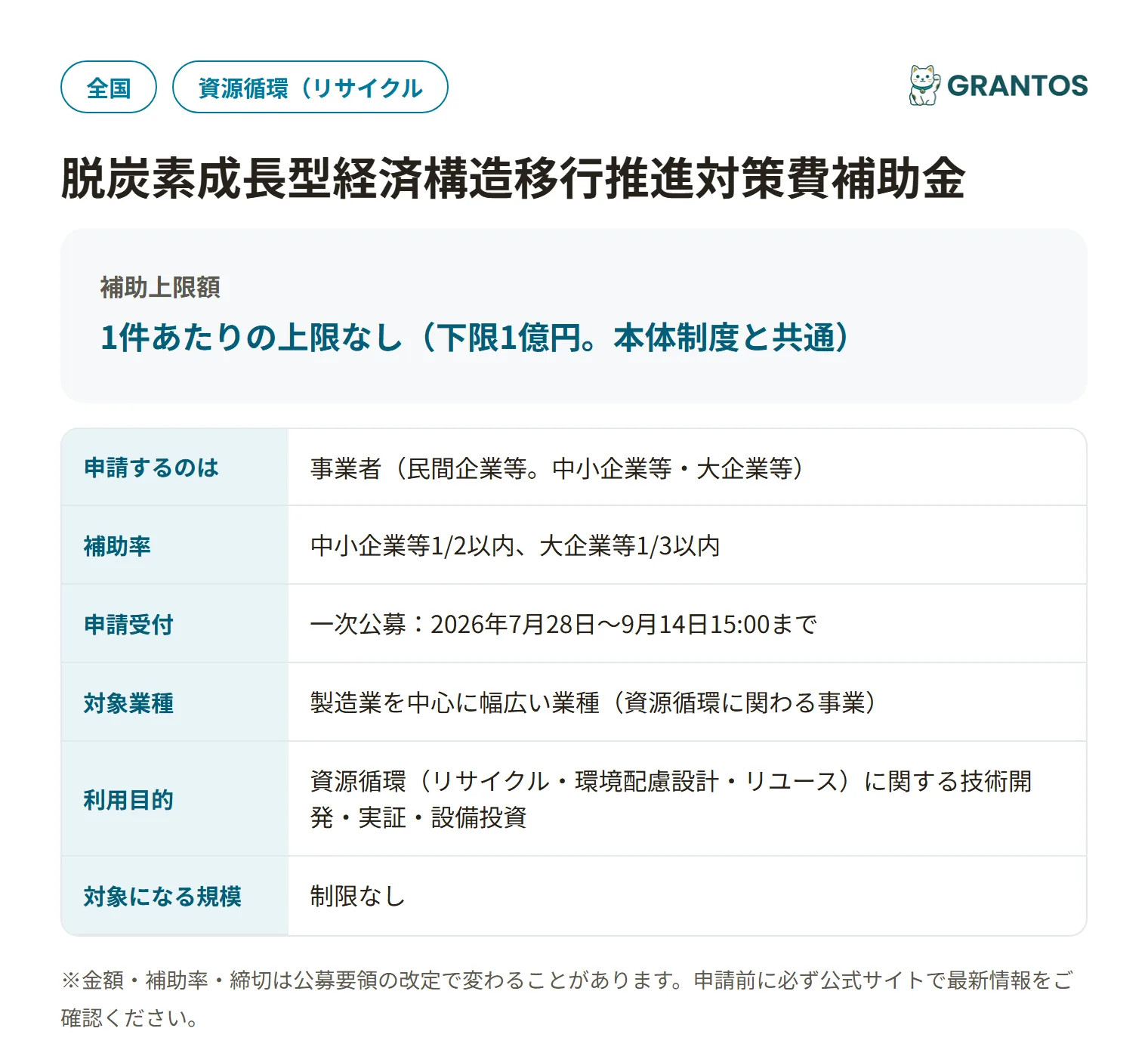 脱炭素成長型経済構造移行推進対策費補助金（自律型資源循環システム強靱化促進事業）（事前着手届出）の対象・金額・締切の概要
