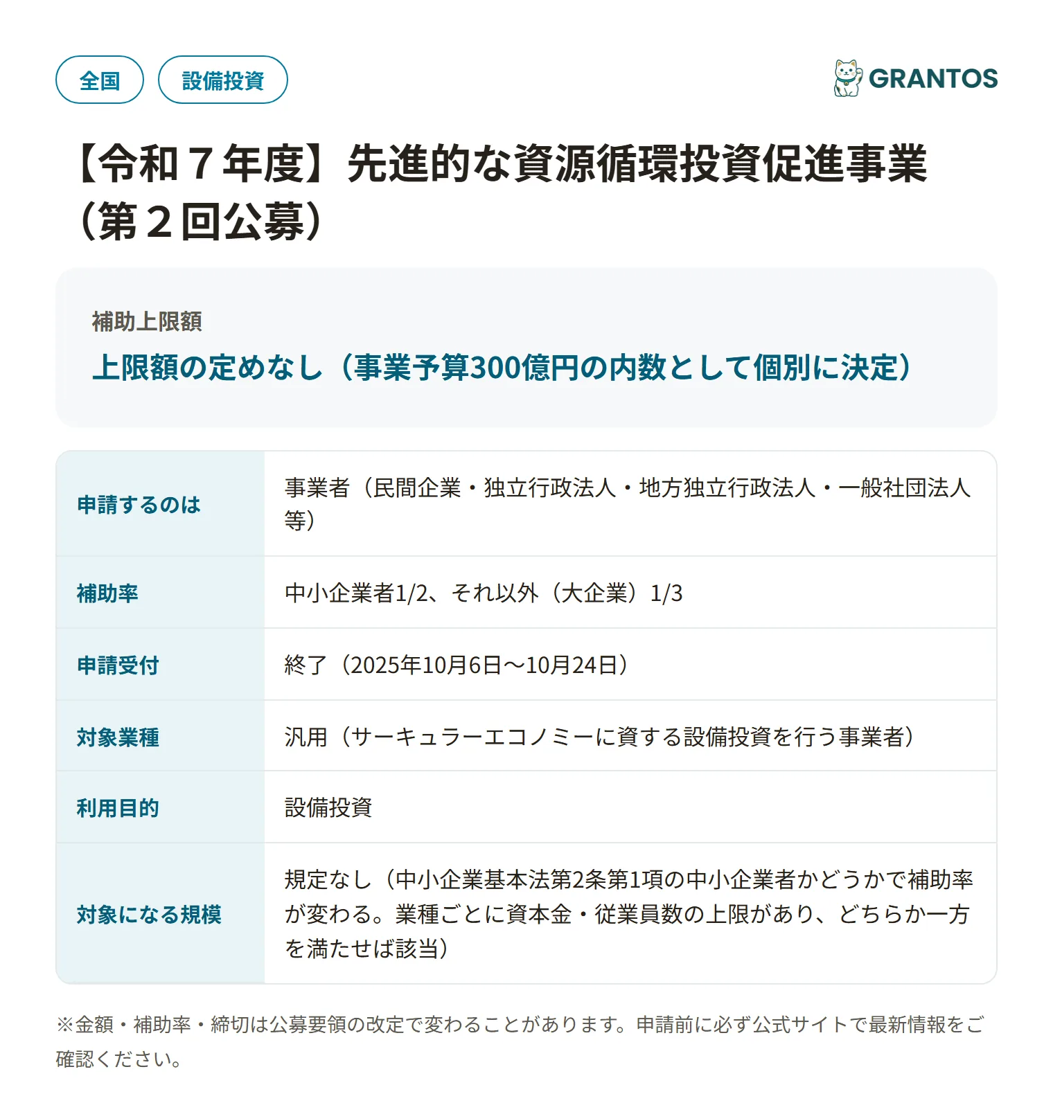 先進的な資源循環投資促進事業（第2回公募）の対象・金額・締切の概要
