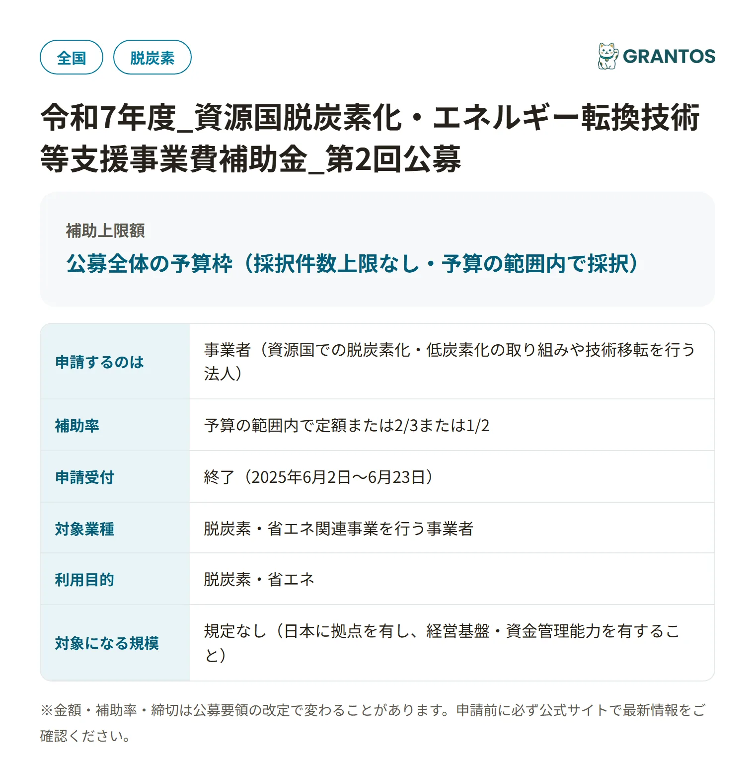 資源国脱炭素化・エネルギー転換技術等支援事業費補助金（第2回公募）の対象・金額・締切の概要