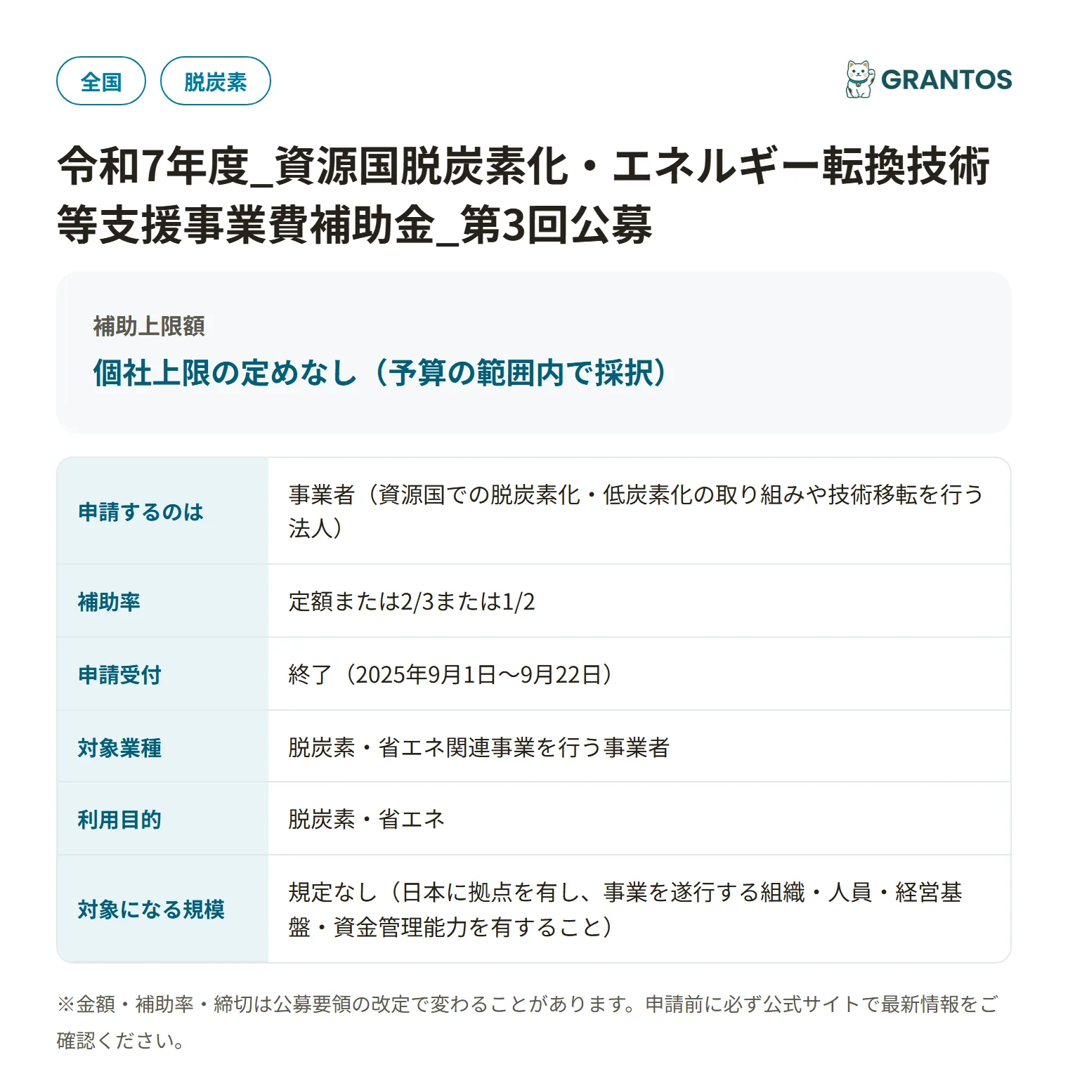資源国脱炭素化・エネルギー転換技術等支援事業費補助金（第3回公募）の対象・金額・締切の概要