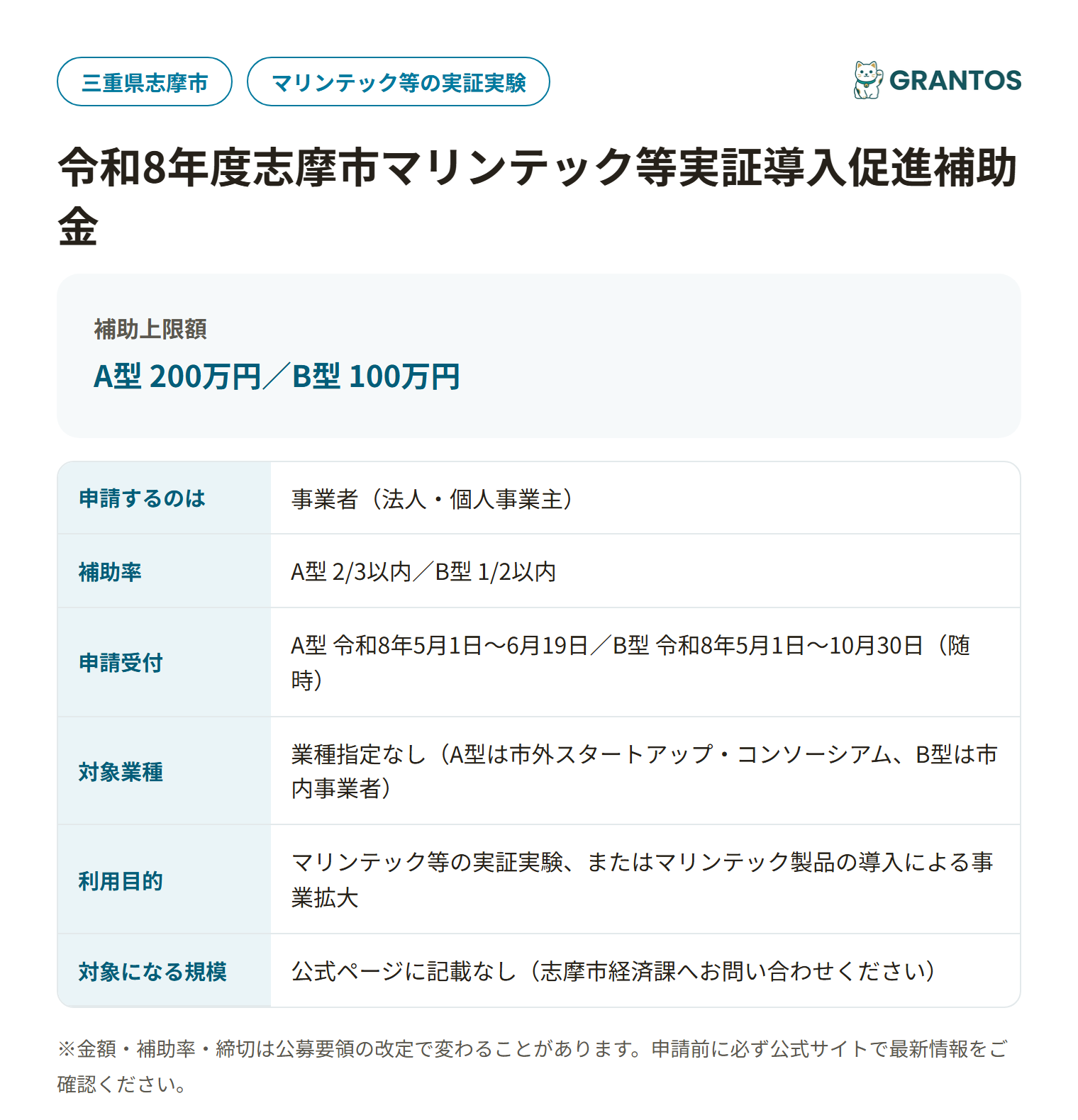 志摩市マリンテック等実証導入促進補助金の対象・金額・締切の概要