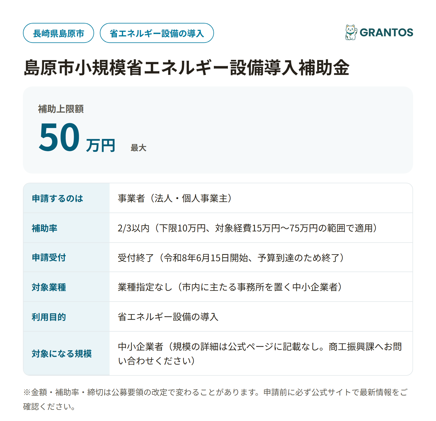 島原市小規模省エネルギー設備導入補助金の対象・金額・締切の概要