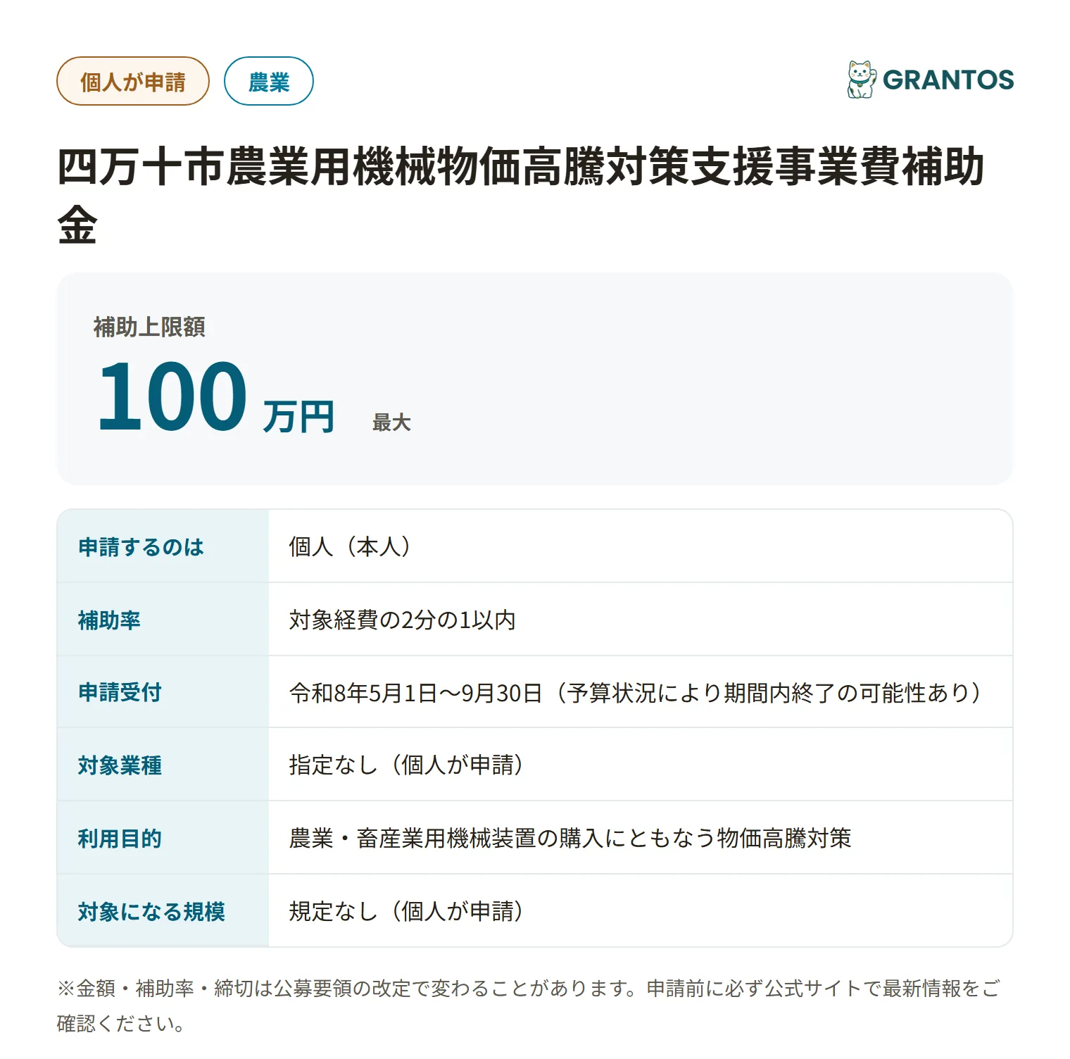 四万十市農業用機械物価高騰対策支援事業費補助金の対象・金額・締切の概要
