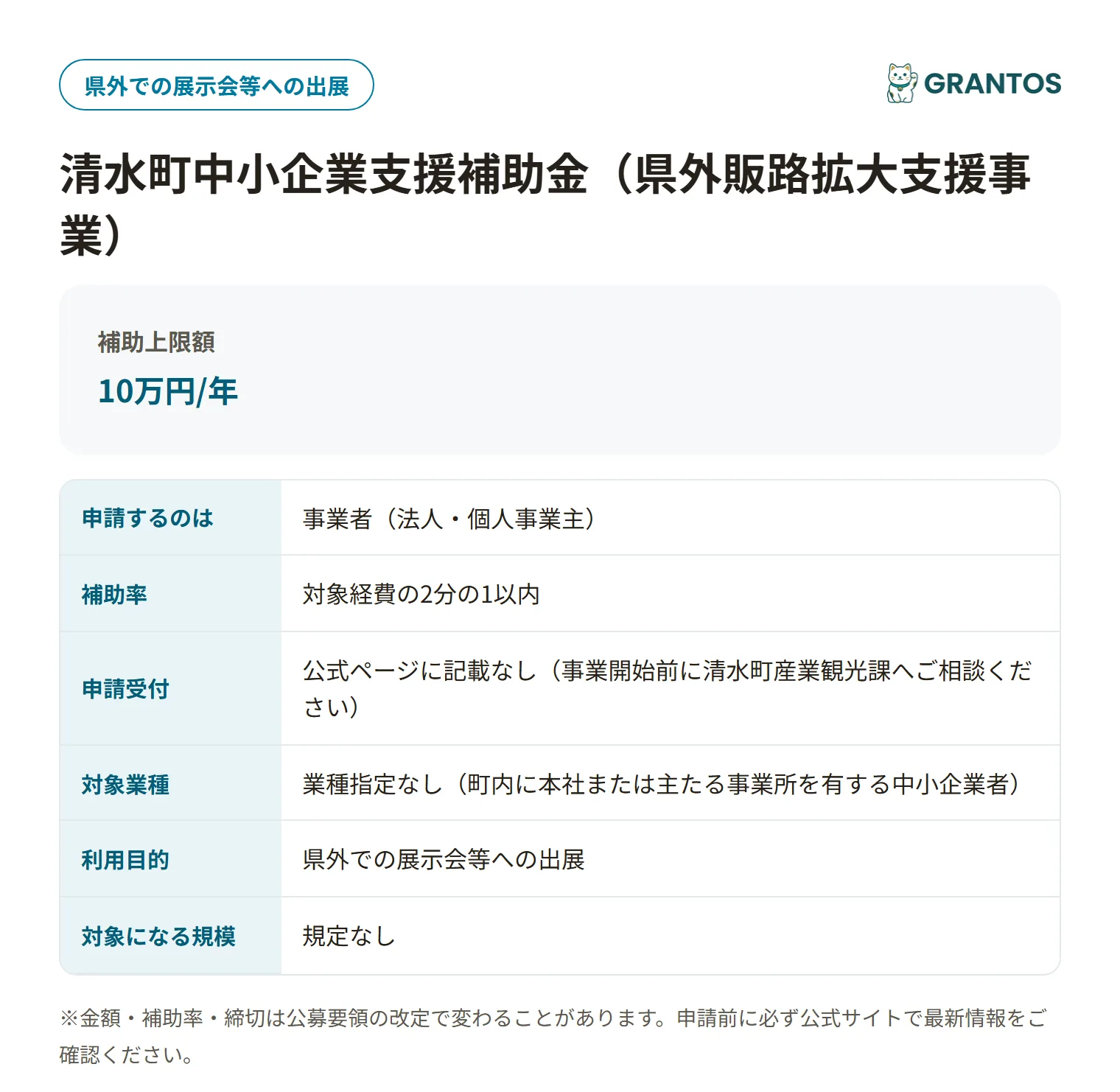 清水町中小企業支援補助金（県外販路拡大支援事業）の対象・金額・締切の概要
